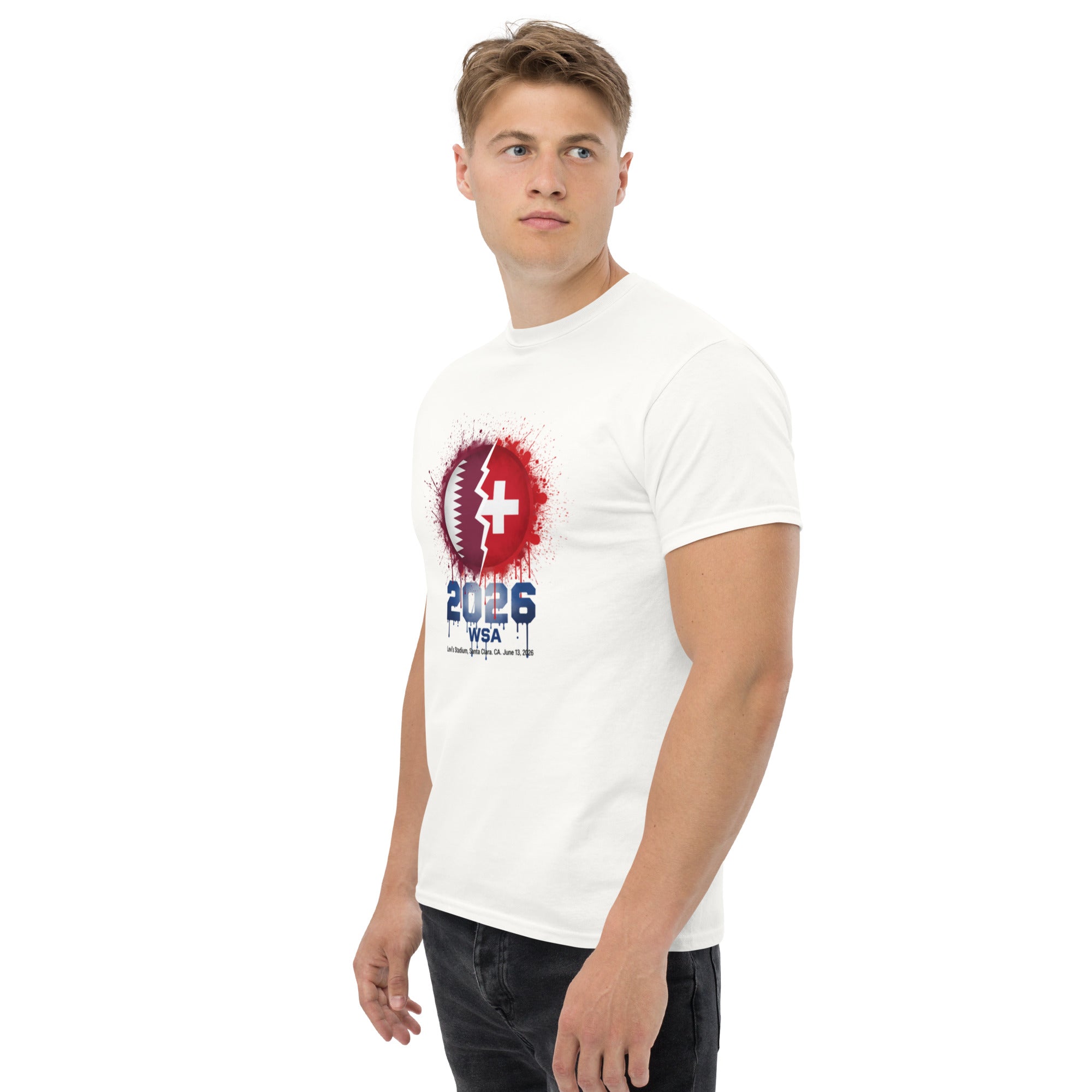 Man wearing a white t-shirt with a graphic design on a white background