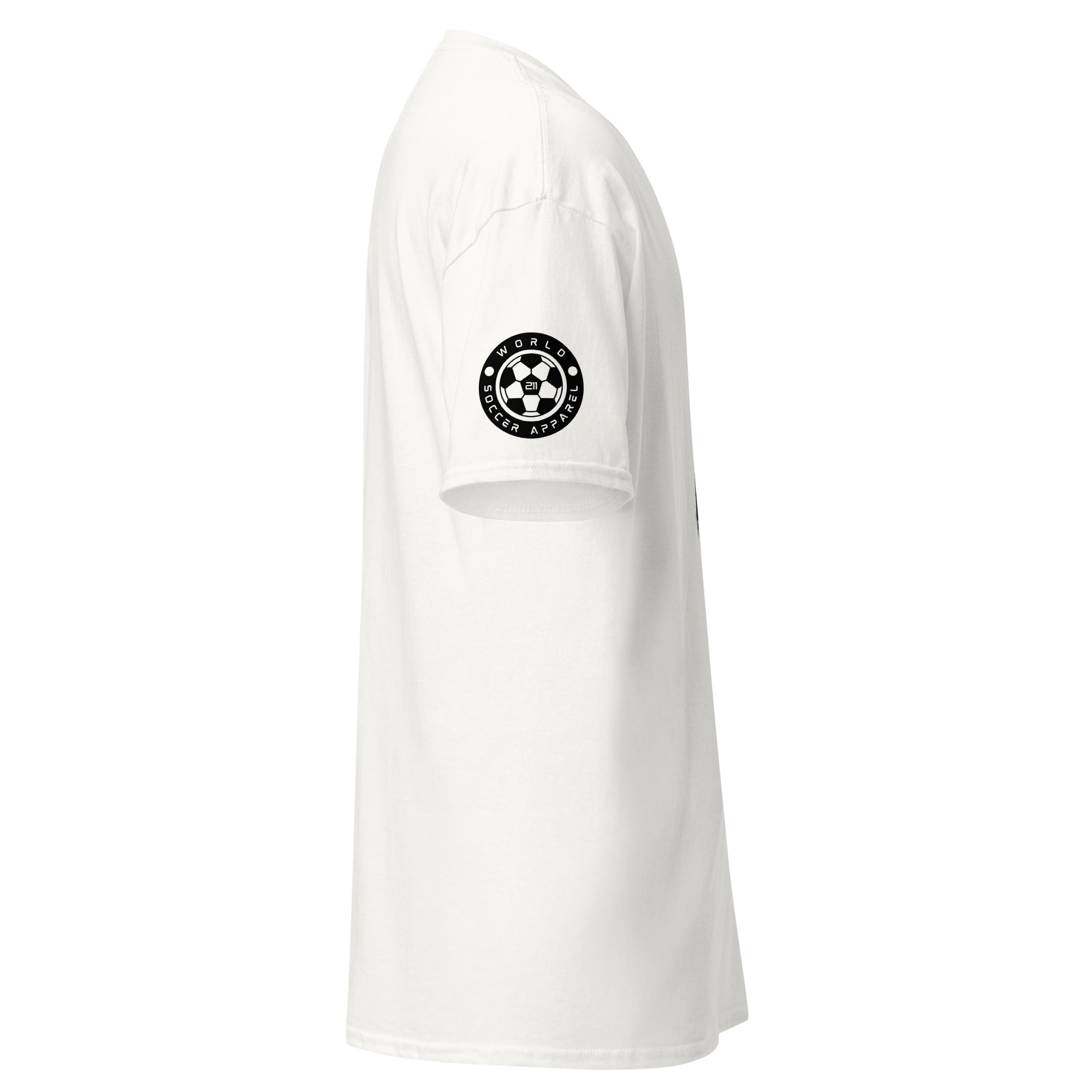 White t-shirt with a black logo on a white background