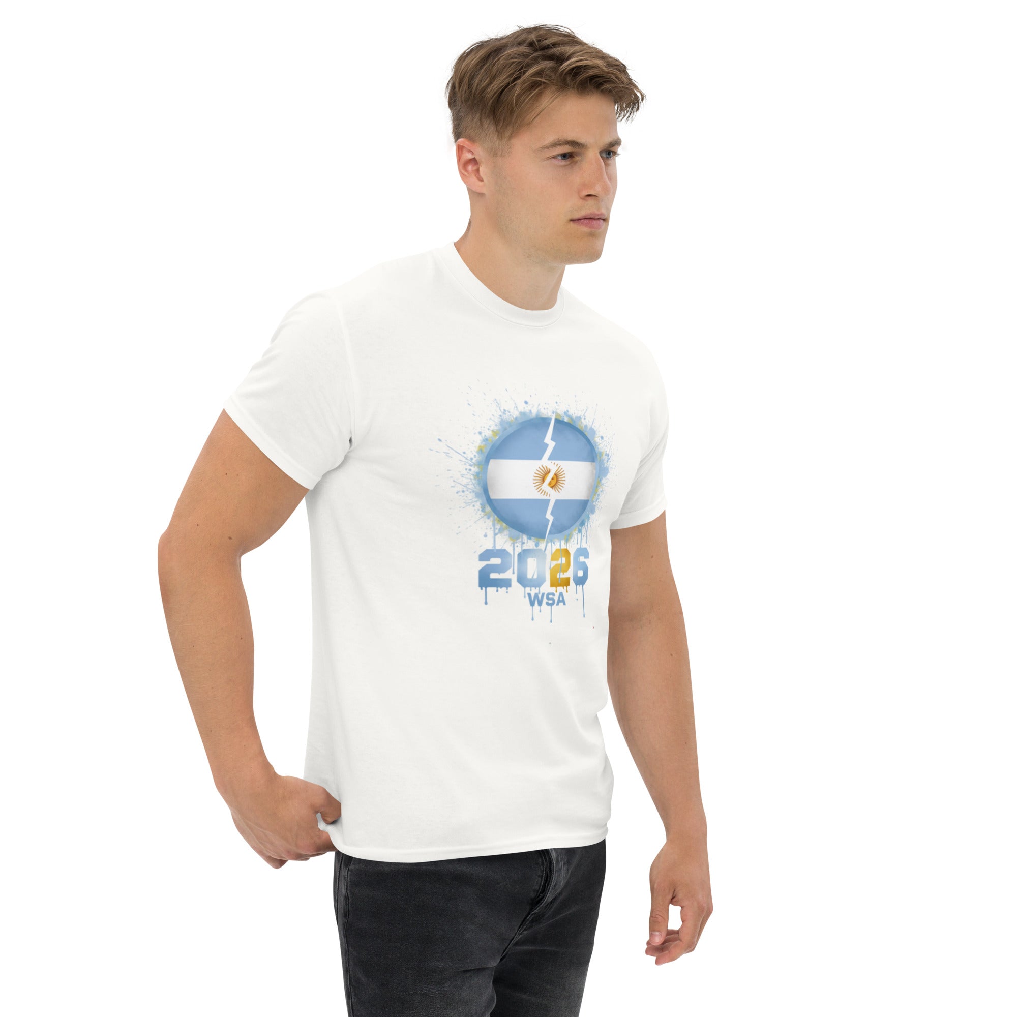 Man wearing a white t-shirt with a graphic design on a white background