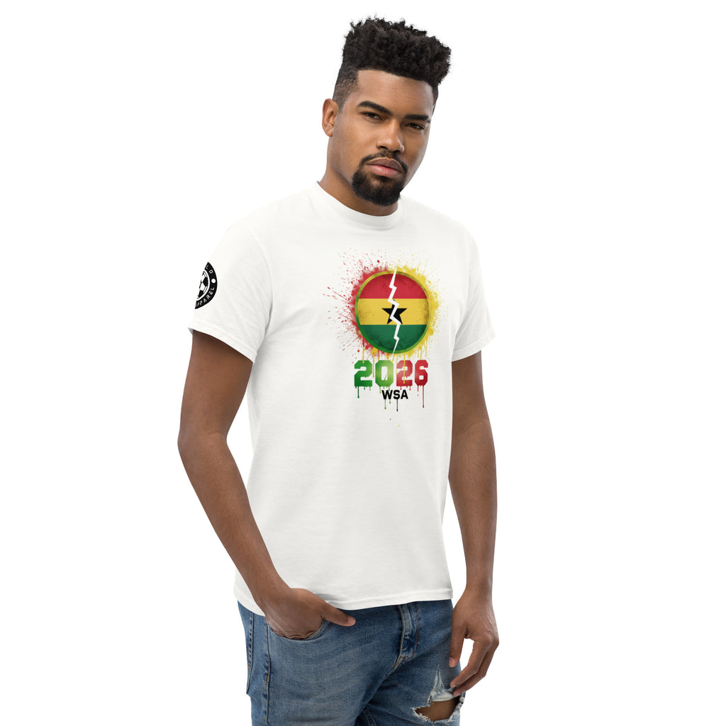 Man wearing a white t-shirt with a colorful graphic design on a white background