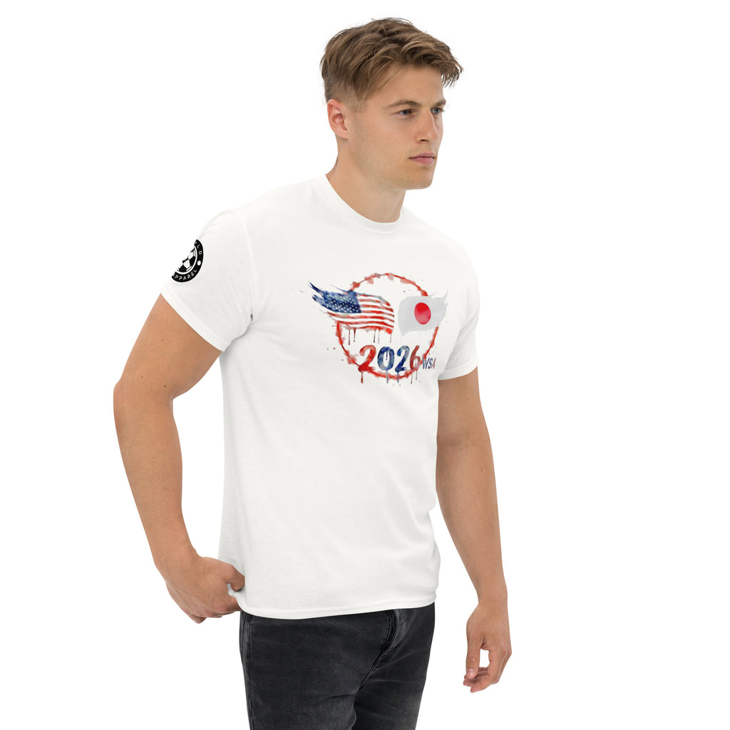 Man wearing a white t-shirt with graphic designs on a white background