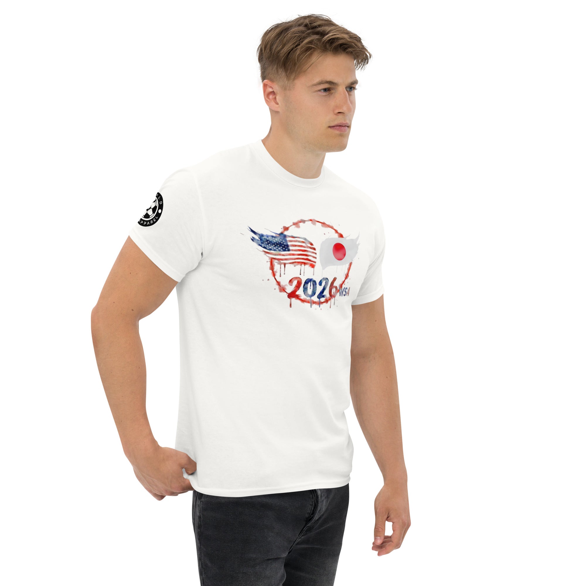Man wearing a white t-shirt with graphic designs on a white background