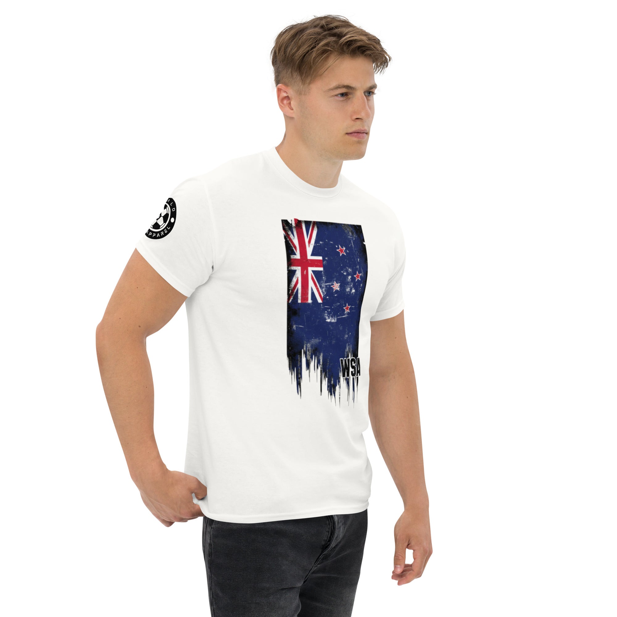Man wearing a white t-shirt with a flag design on a white background