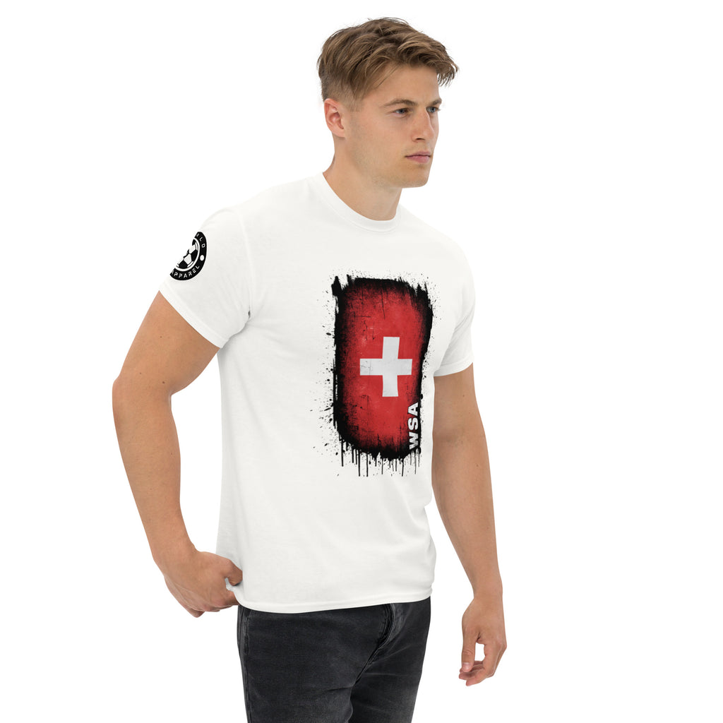 Man wearing a white t-shirt with a red and black graphic design on a white background