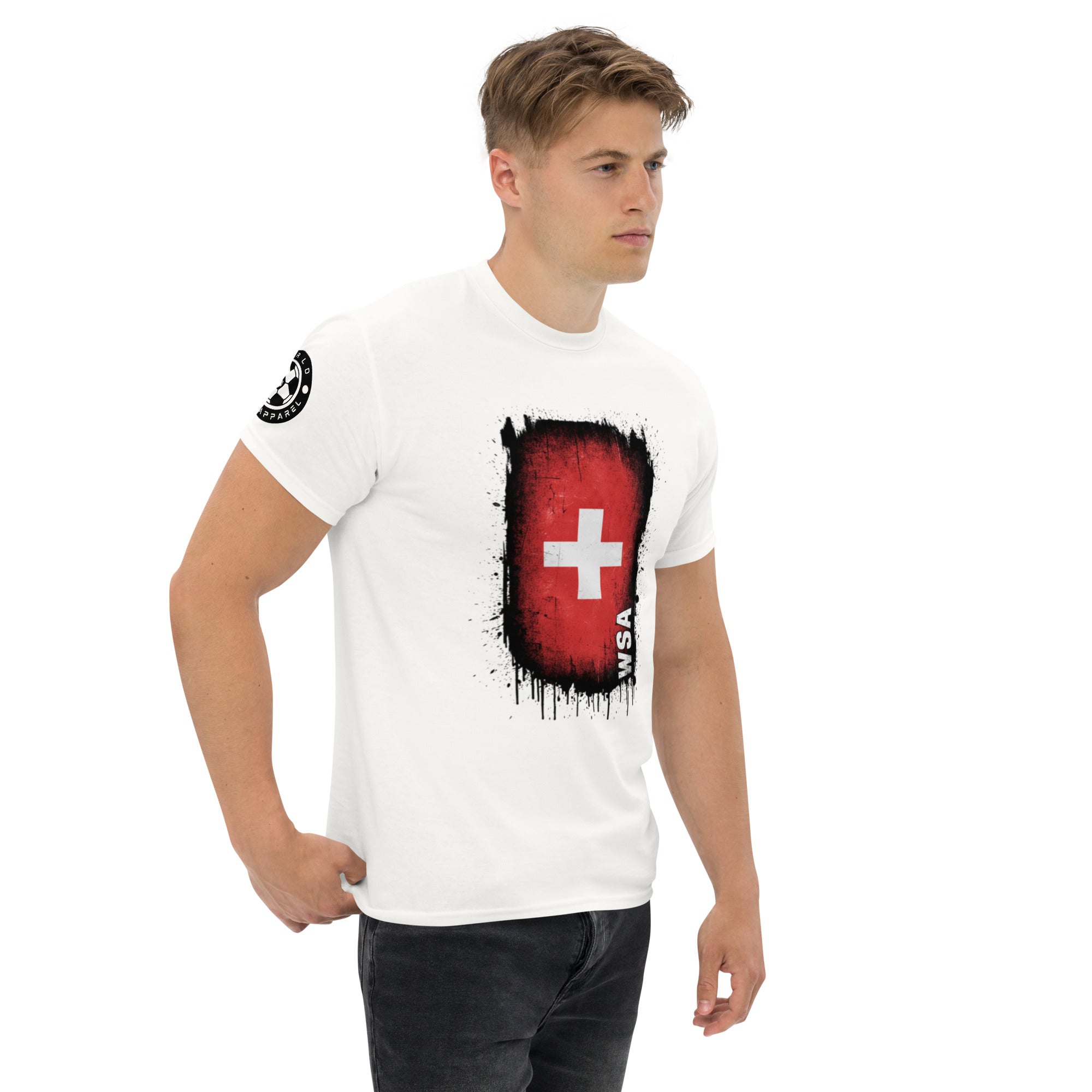 Man wearing a white t-shirt with a red and black graphic design on a white background