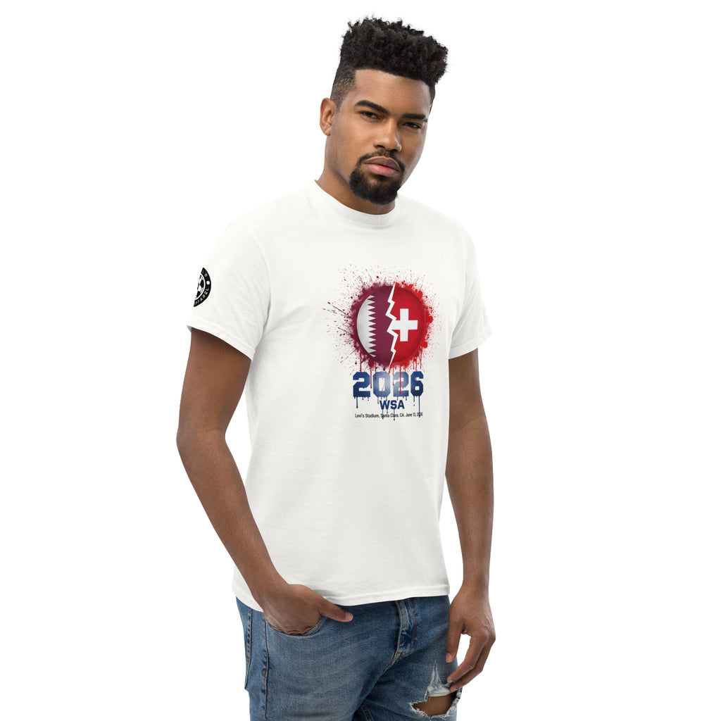Man wearing a white t-shirt with a graphic design on a white background