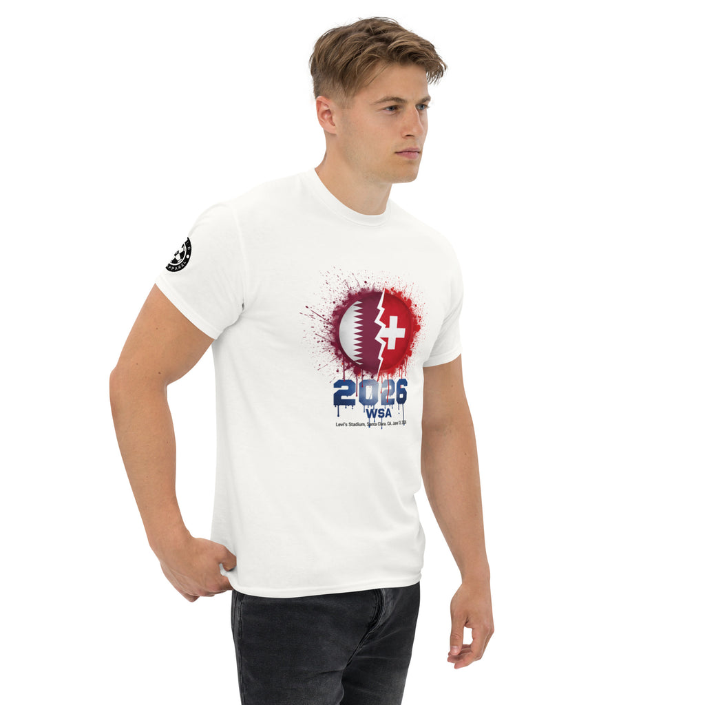 Man wearing a white t-shirt with a graphic design on a white background
