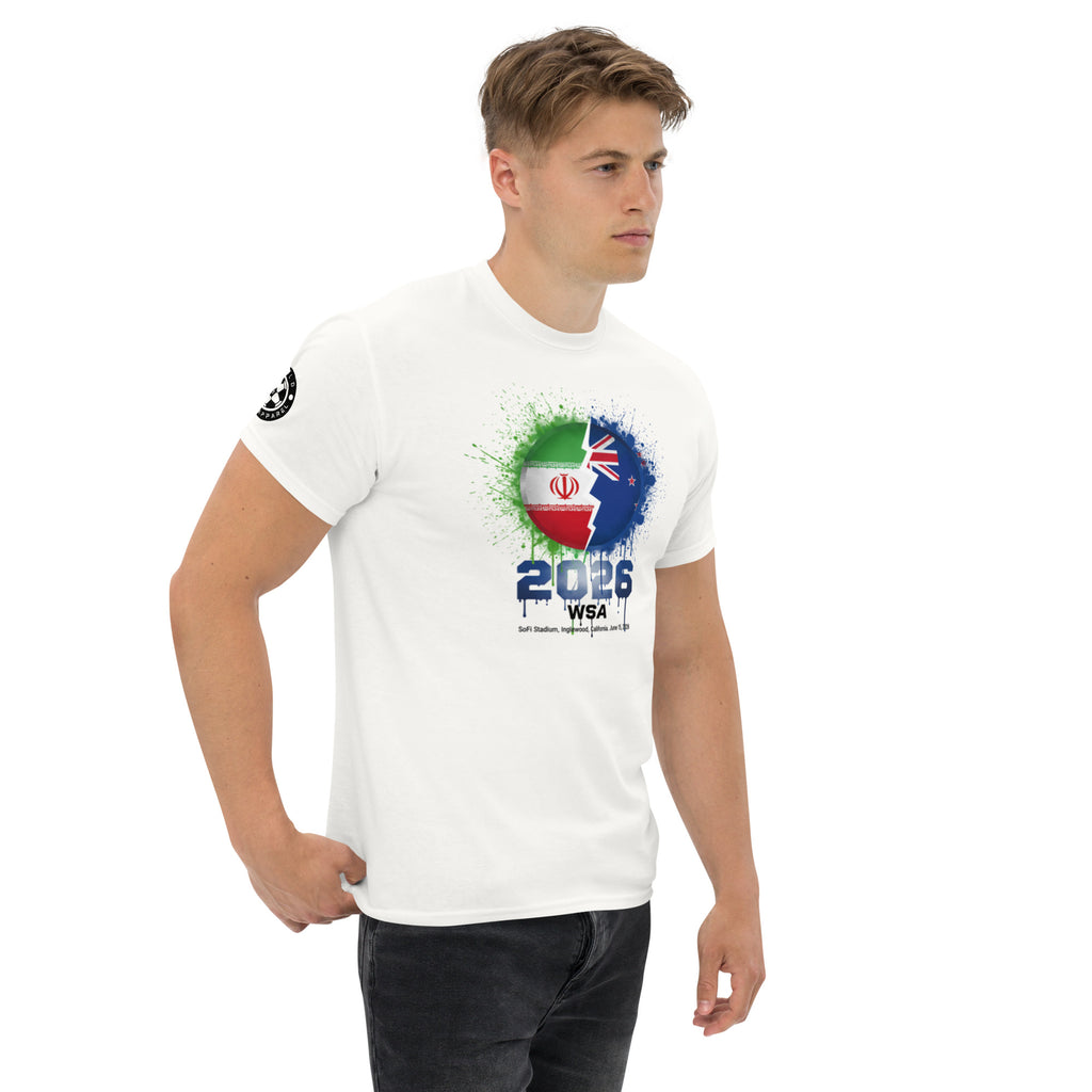 Man wearing a white t-shirt with a colorful graphic design on a white background