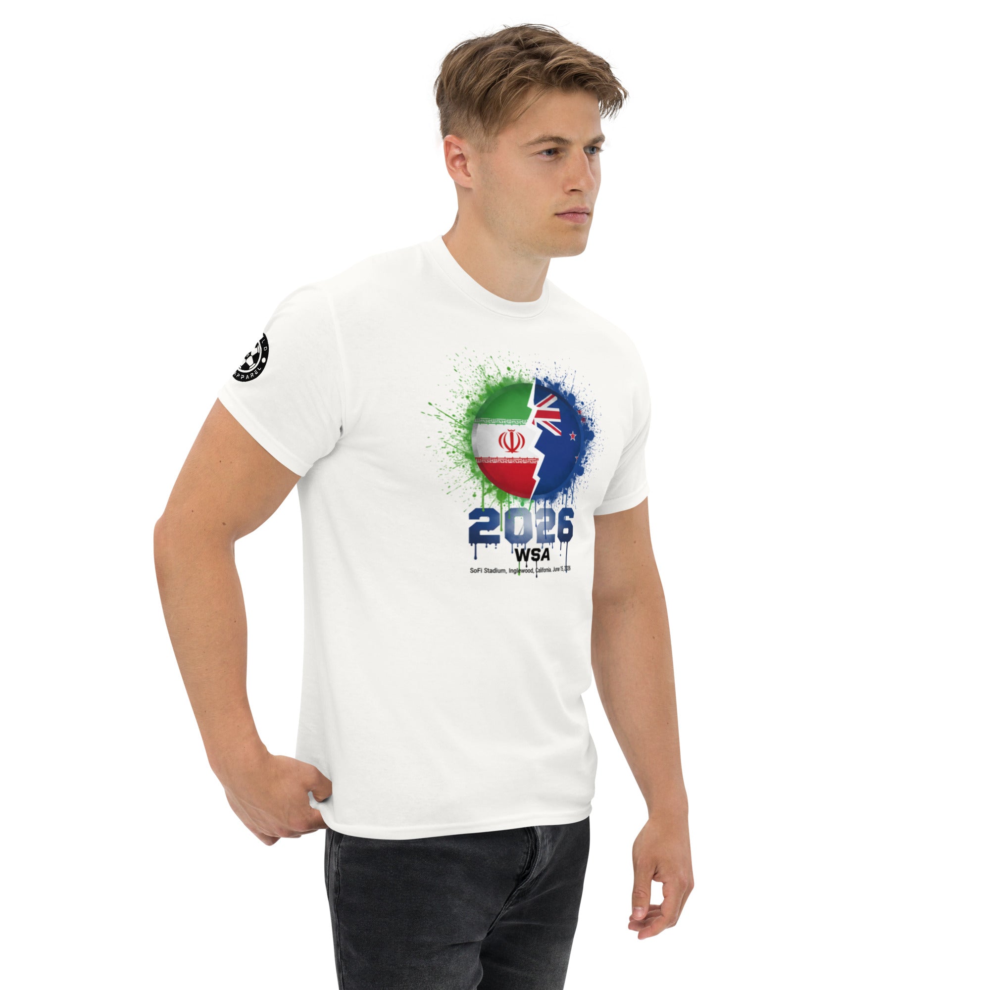 Man wearing a white t-shirt with a colorful graphic design on a white background