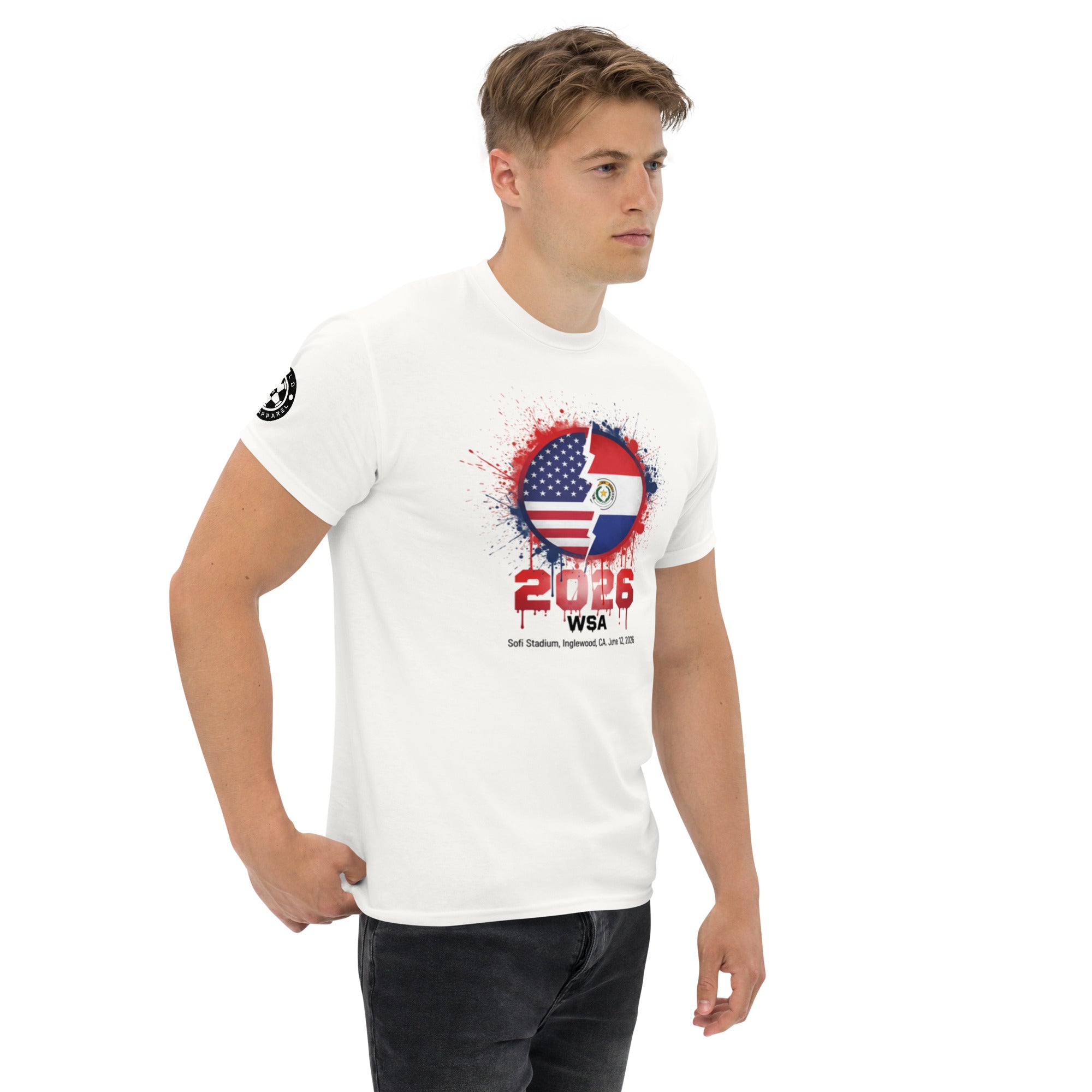 Man wearing a white t-shirt with a colorful graphic design on a white background