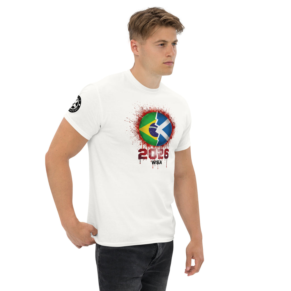 Man wearing a white t-shirt with a colorful design and text on a white background