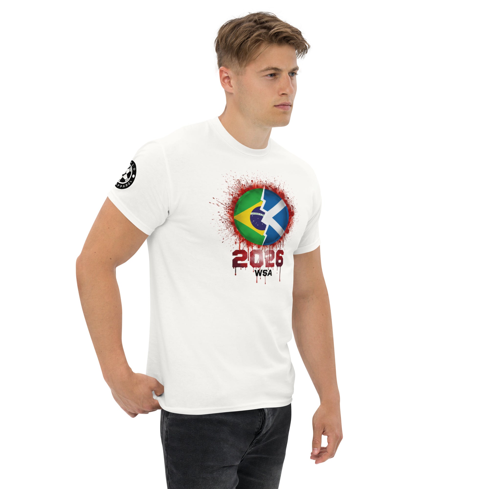 Man wearing a white t-shirt with a colorful design and text on a white background