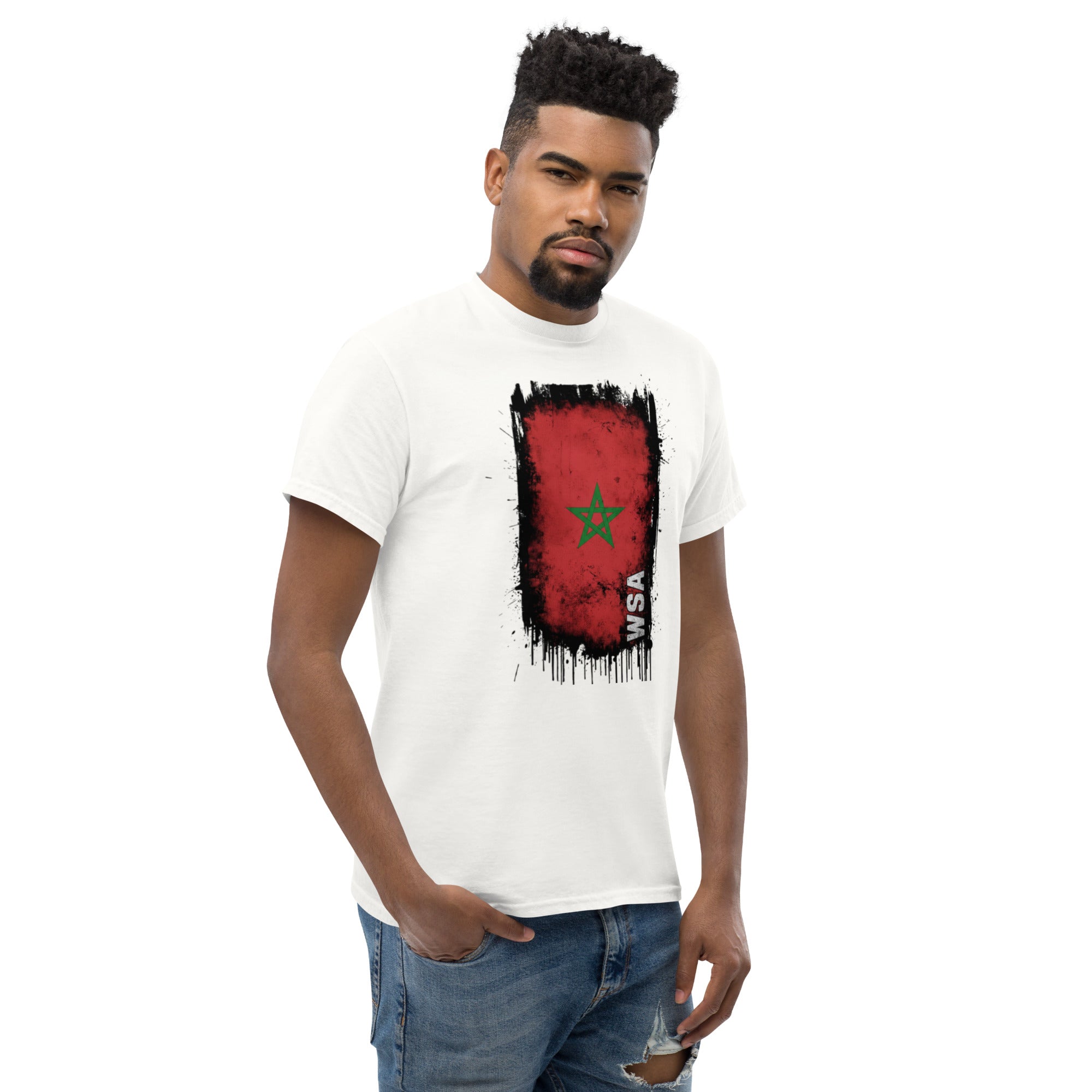 Man wearing a white t-shirt with a red and black graphic design on a white background