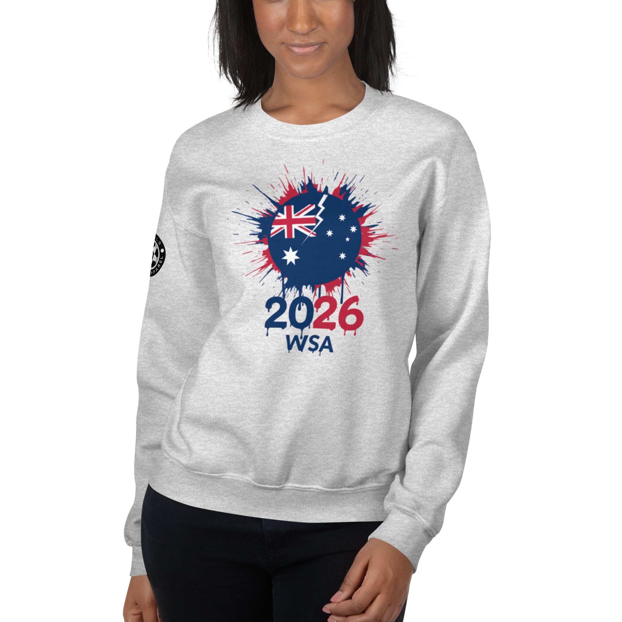 Person wearing a gray sweatshirt with 2026 WSA design on a white background