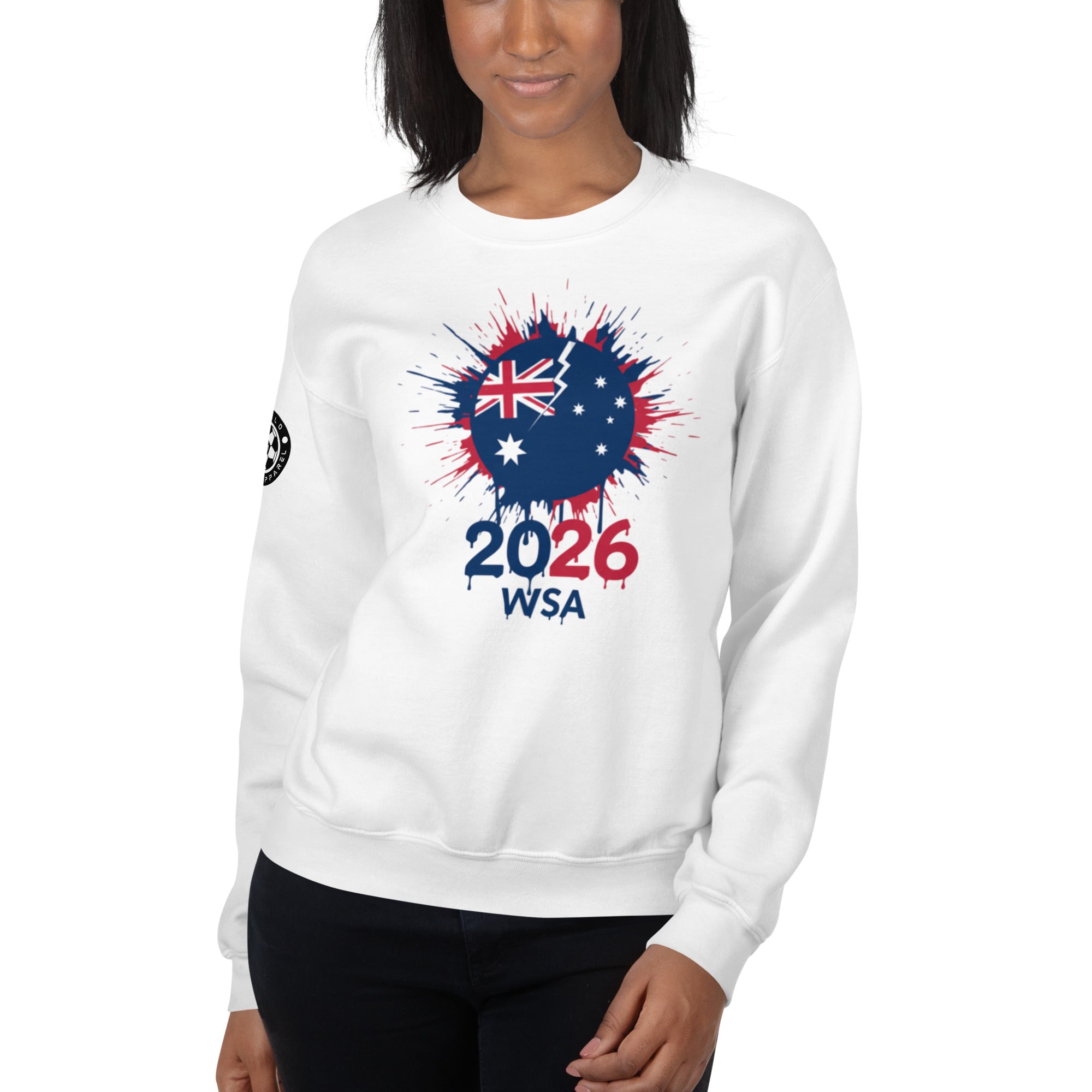 Person wearing a white sweatshirt with a design featuring the number 2026, letters WSA, and an Australian flag.
