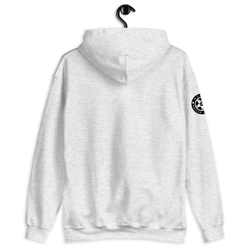 White hoodie with a black logo on the sleeve, hanging against a white background