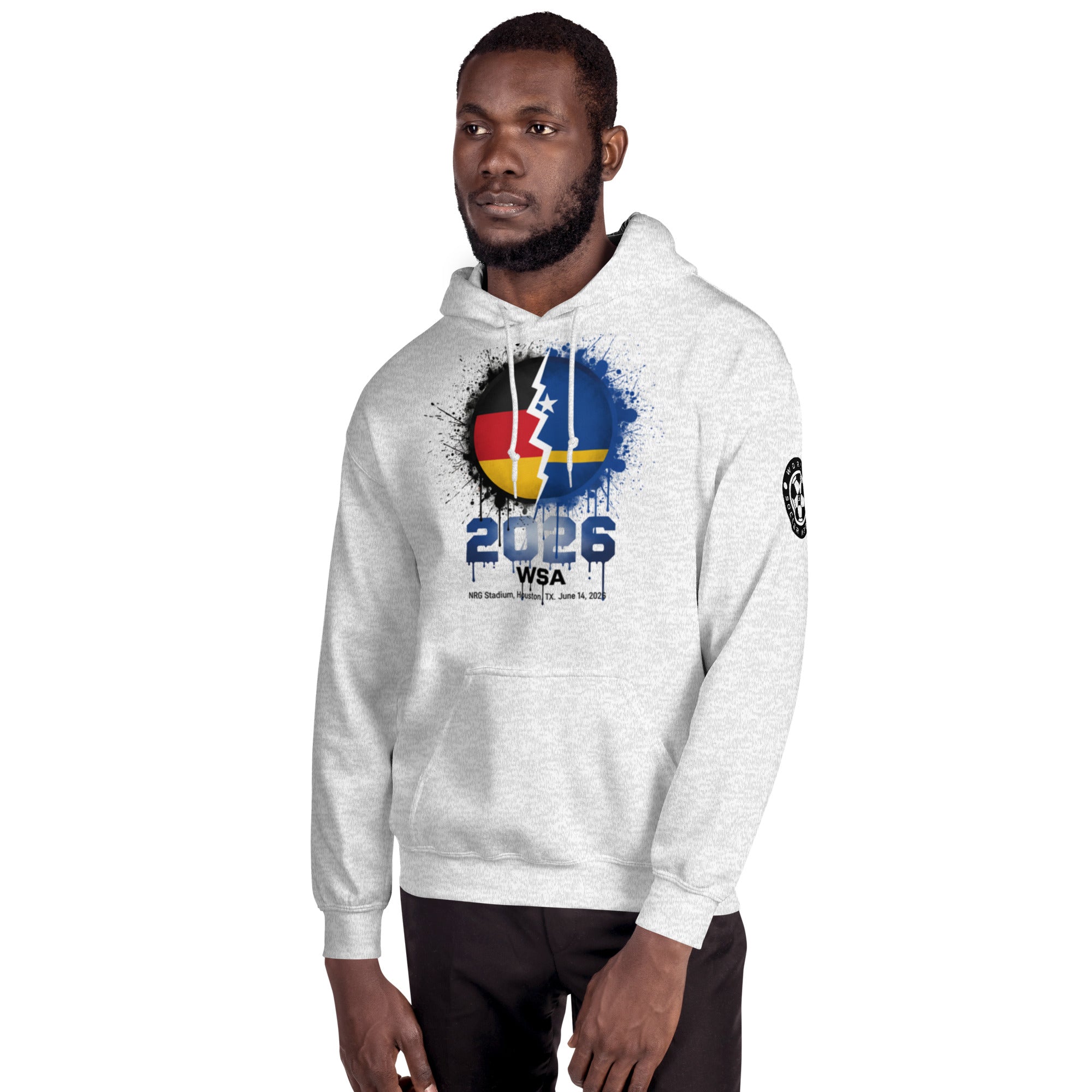 Man wearing a white hoodie with a colorful design and text on a white background