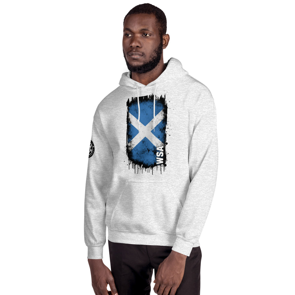 Man wearing a white hoodie with a blue and black design on a white background