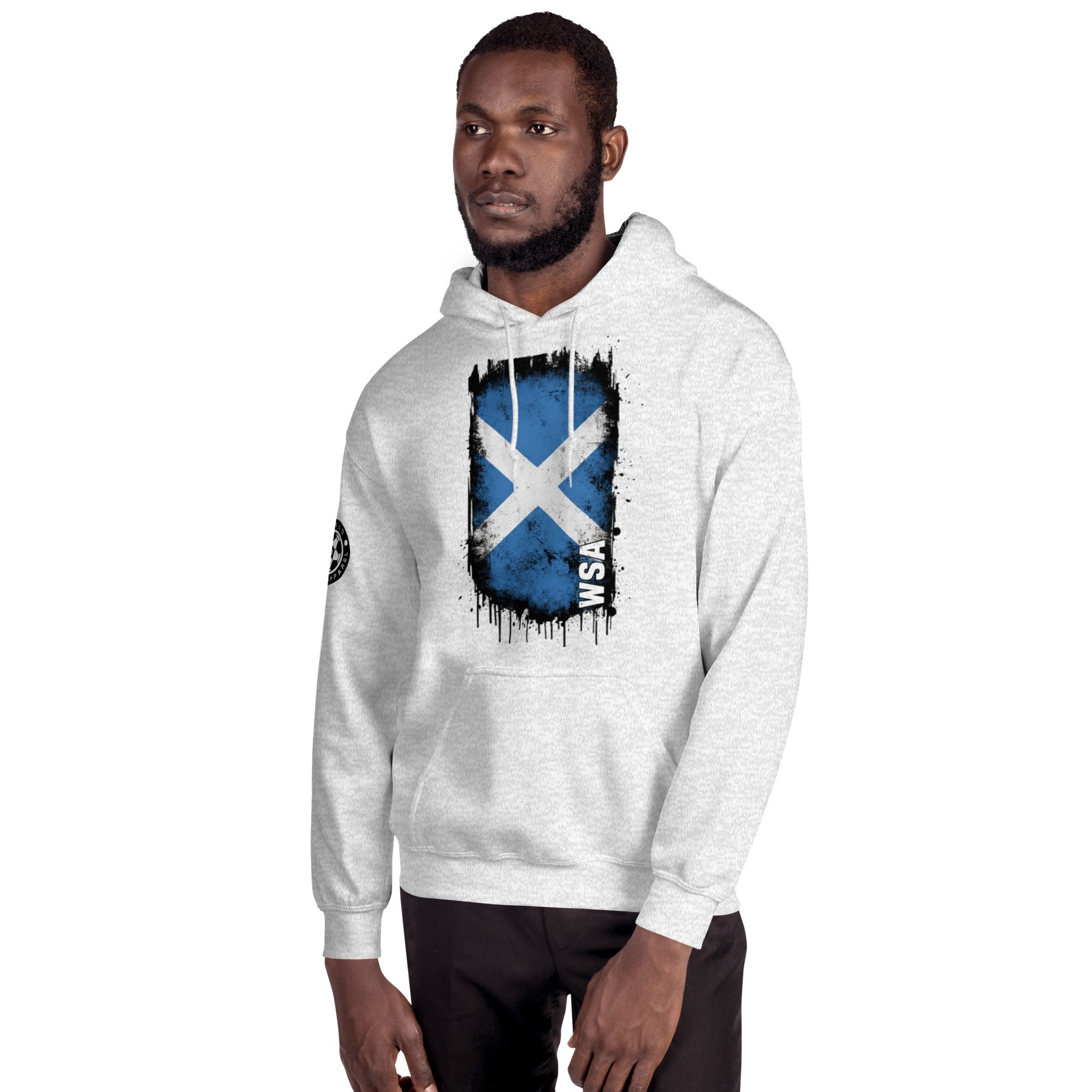 Man wearing a white hoodie with a blue and black design on a white background