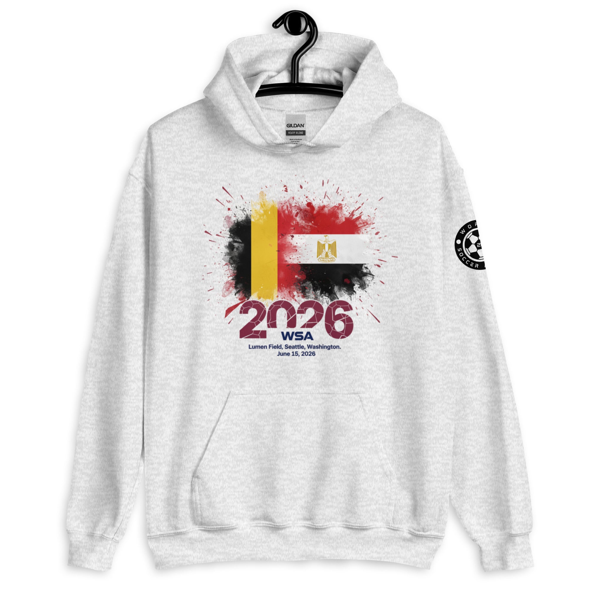 White hoodie with graphic design on a hanger against a white background