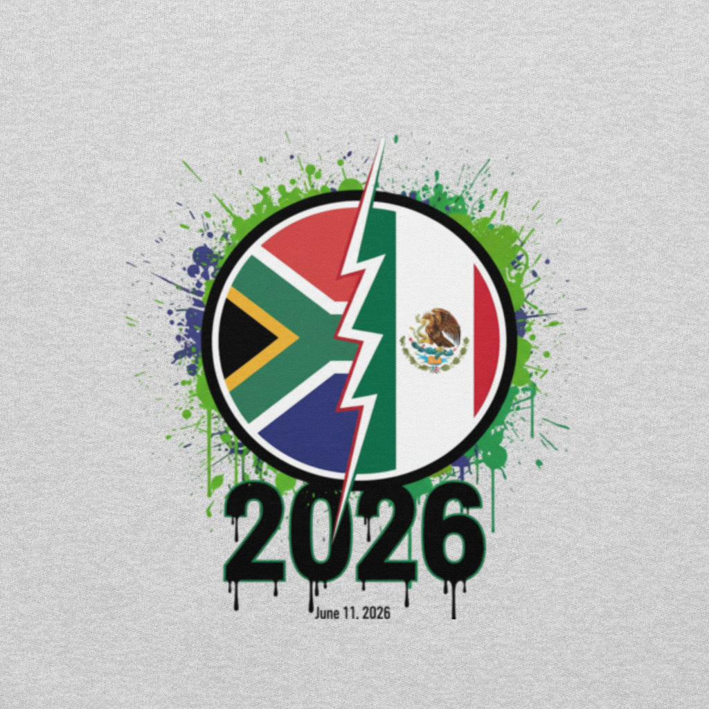 Design with South African and Mexican flags and '2026' on a gray background