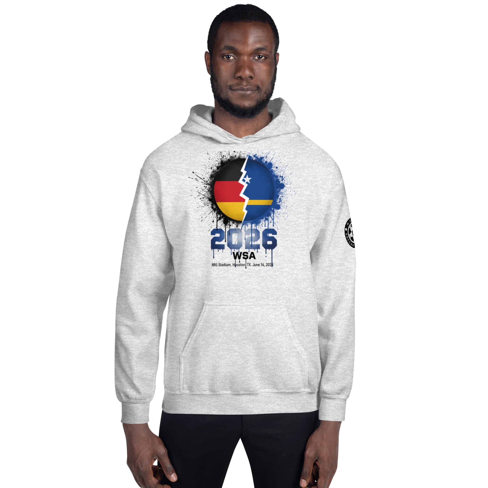 Man wearing a gray hoodie with a colorful design and text on a white background