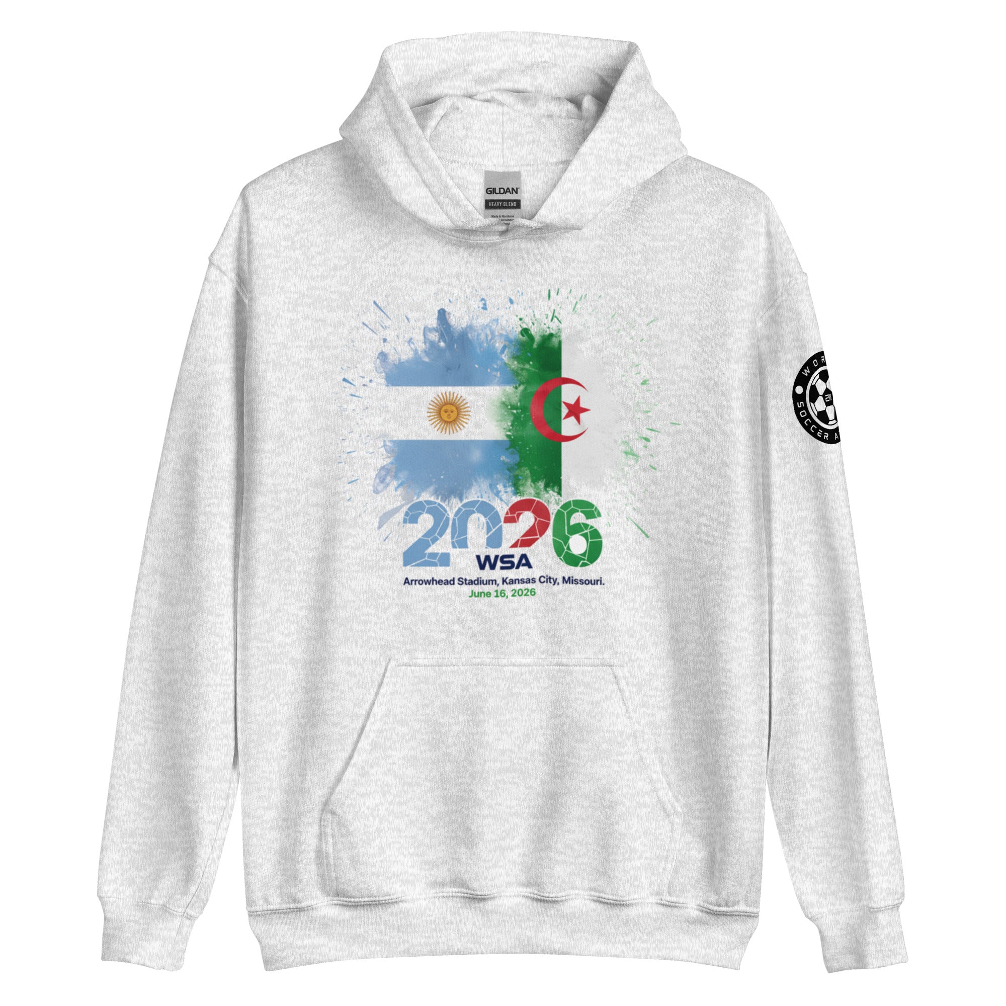 White hoodie with colorful design featuring flags and text on a white background