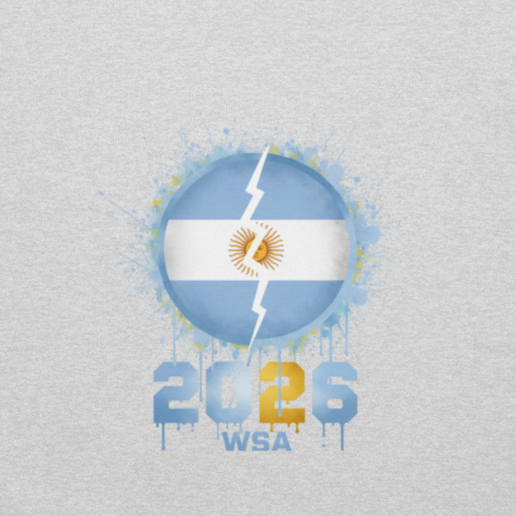 Argentine flag with a lightning bolt design on a textured gray background, featuring '2026 WSA' text.
