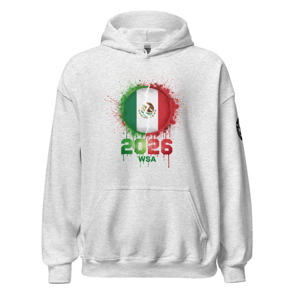 Gray hoodie with Mexican flag design and '2026 WSA' text on a white background