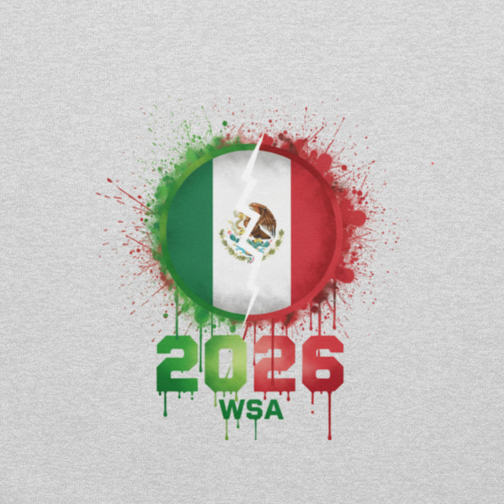 Mexican flag with '2026 WSA' text on a textured background