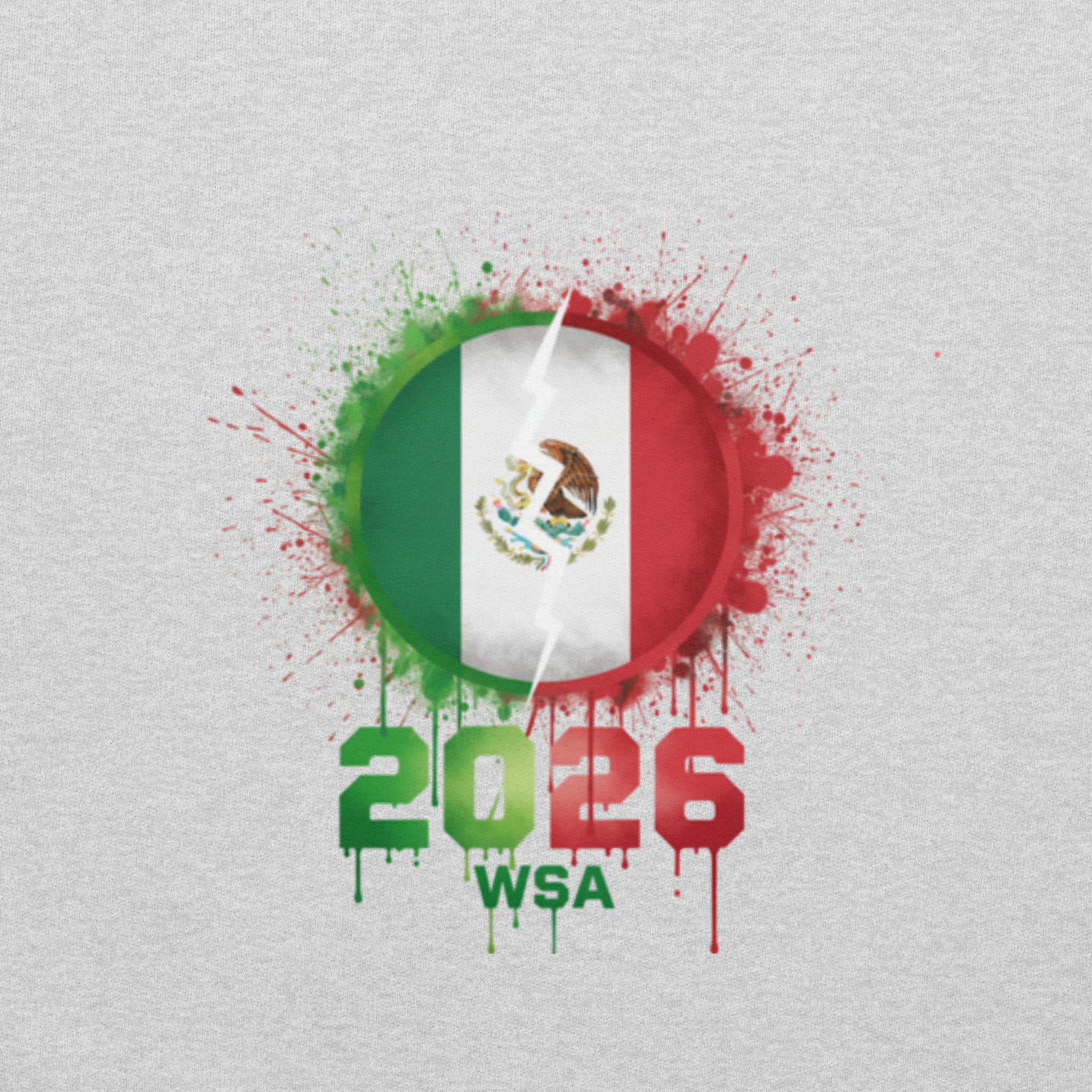 Mexican flag with '2026 WSA' text on a textured background