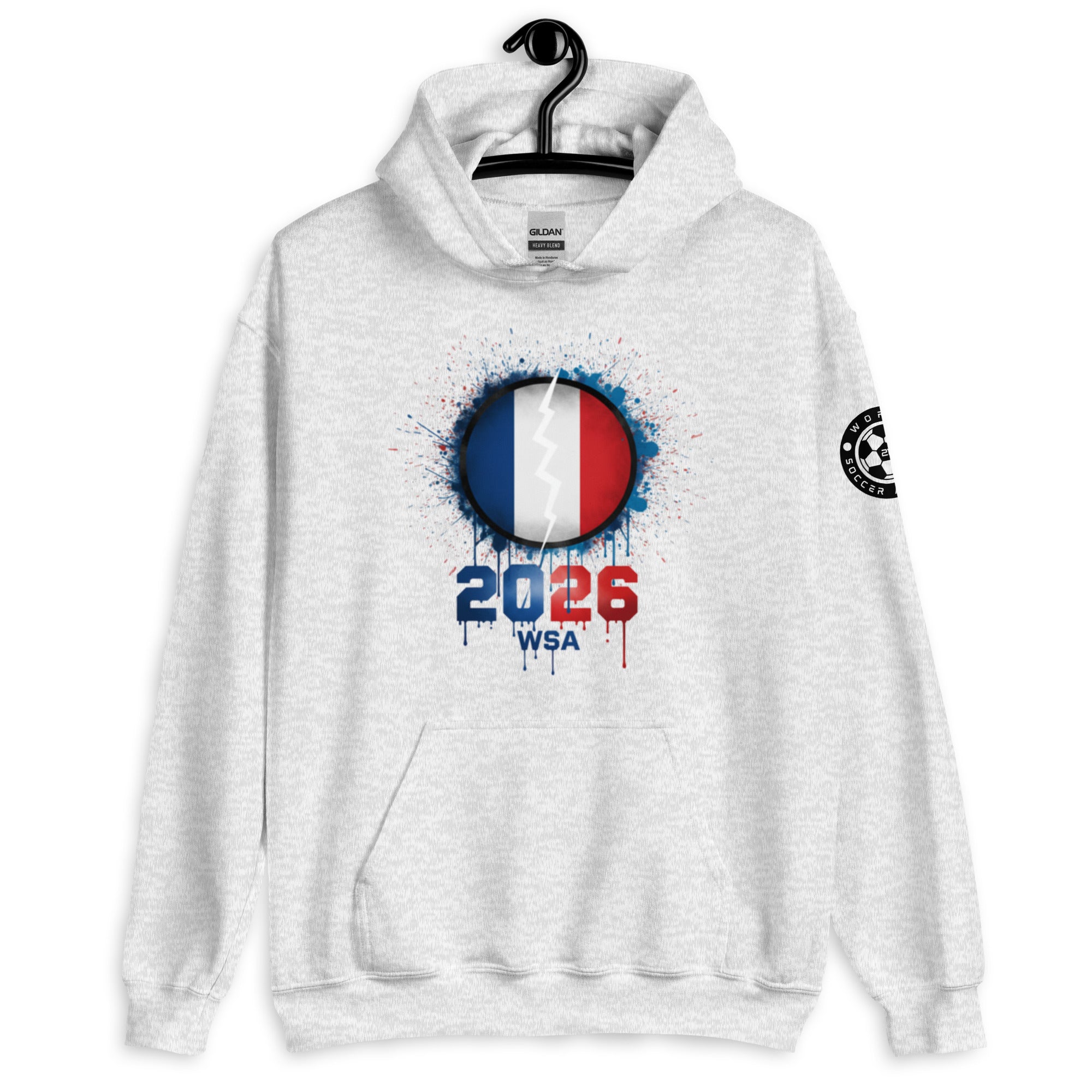 White hoodie with a design featuring France's flag and '2026 WSA' text on a white background