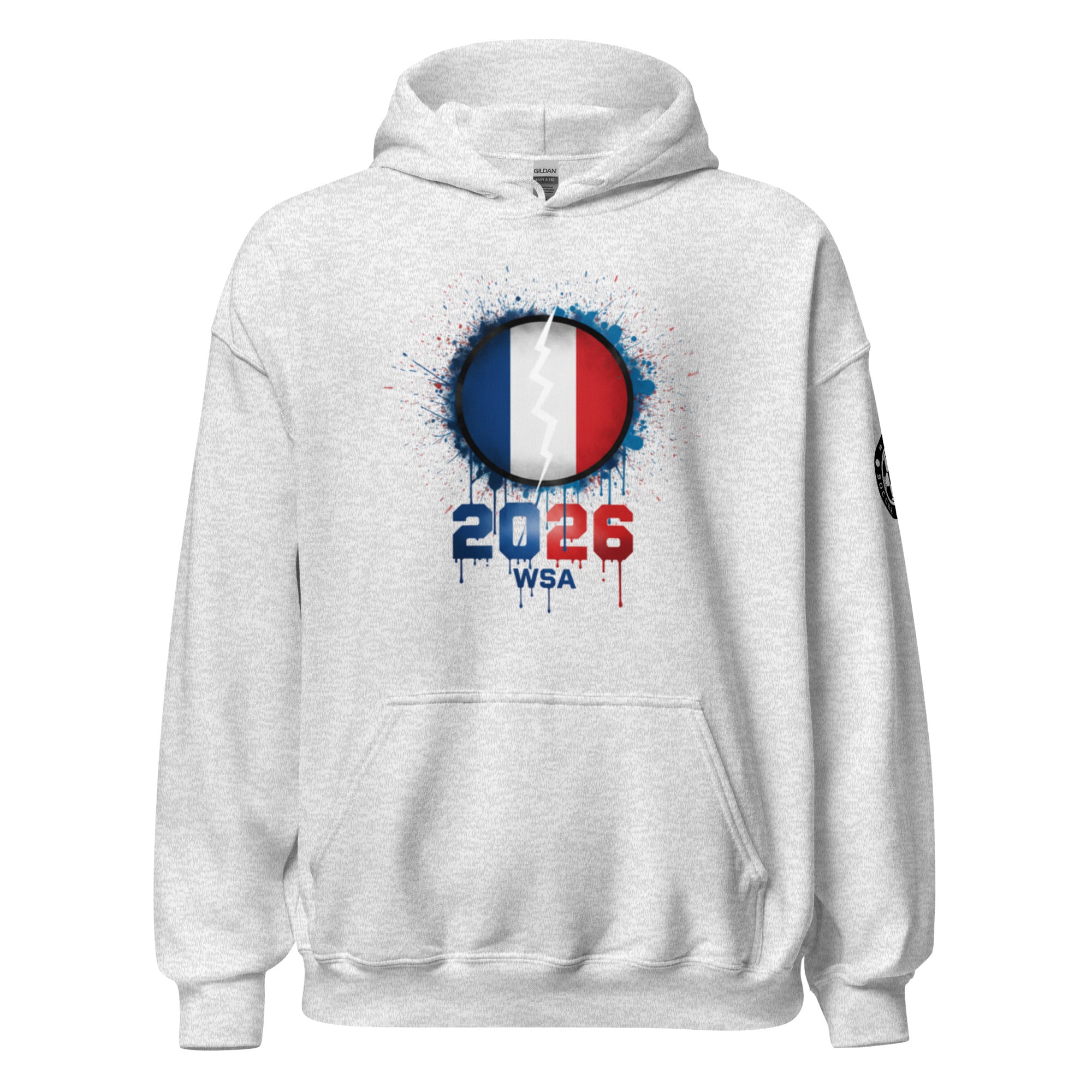 White hoodie with a design featuring the number 2026 and text on a white background