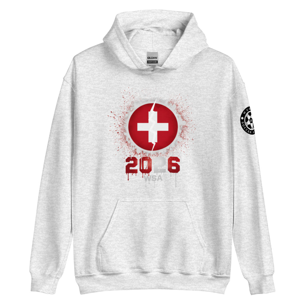 White hoodie with red and black design on a white background