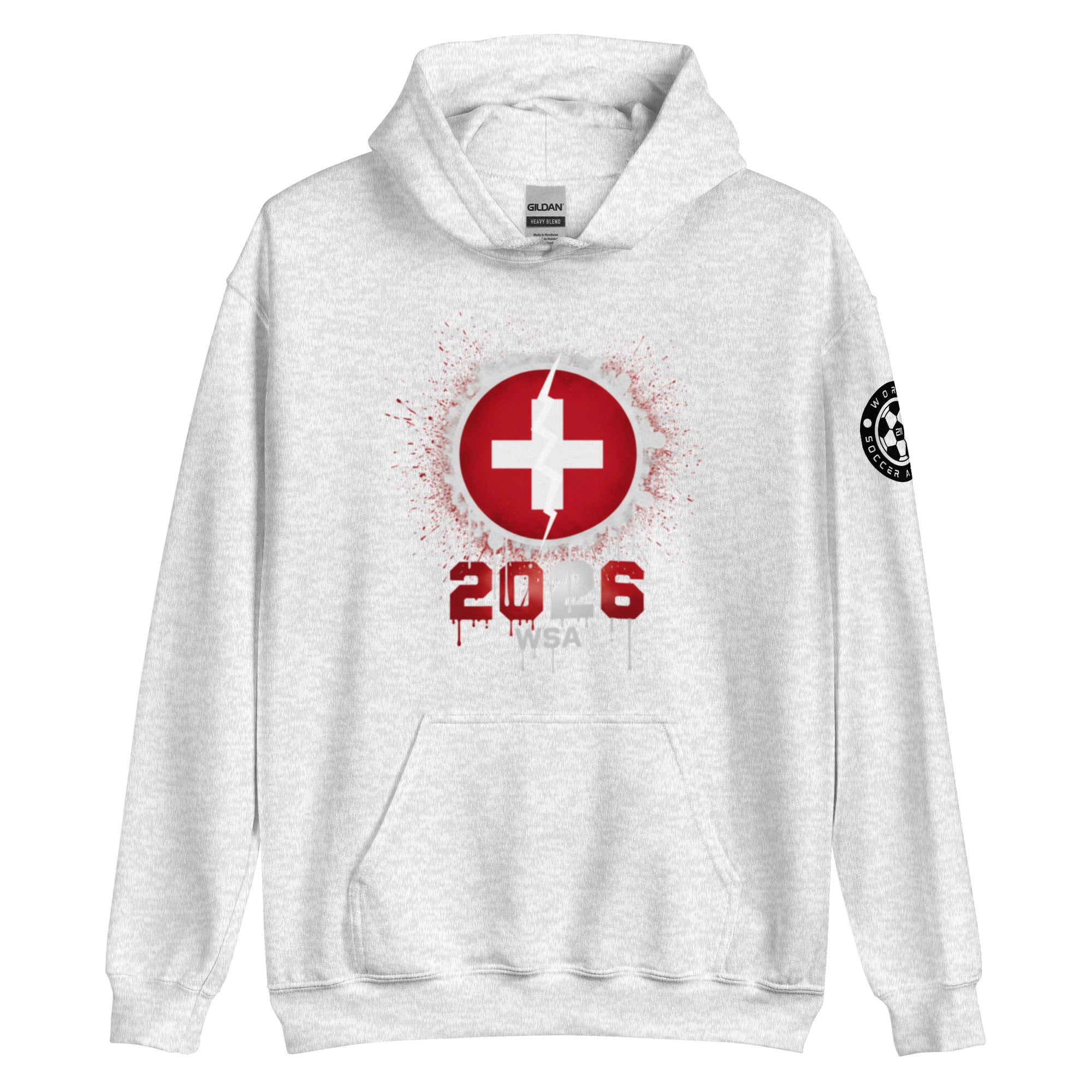 White hoodie with red and black design on a white background