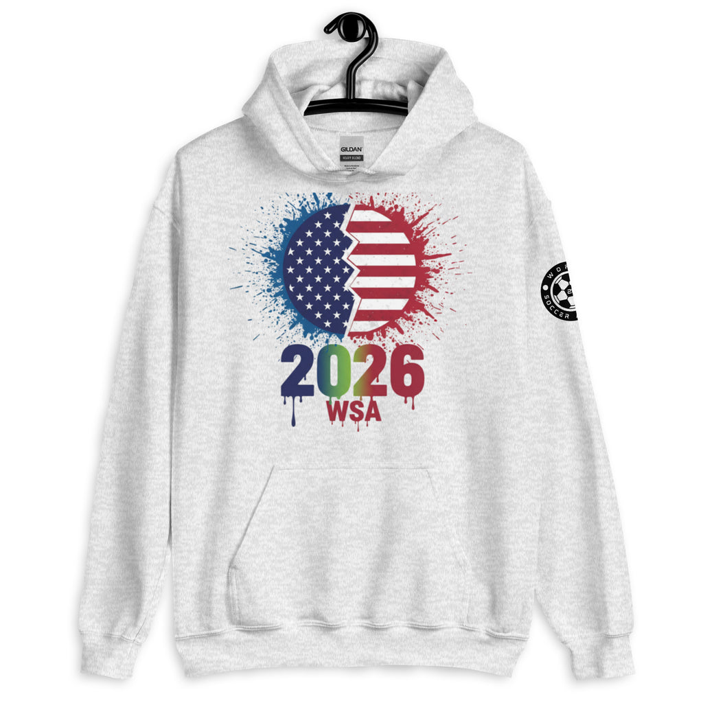 White hoodie with American flag design and '2026 WSA' text on a white background