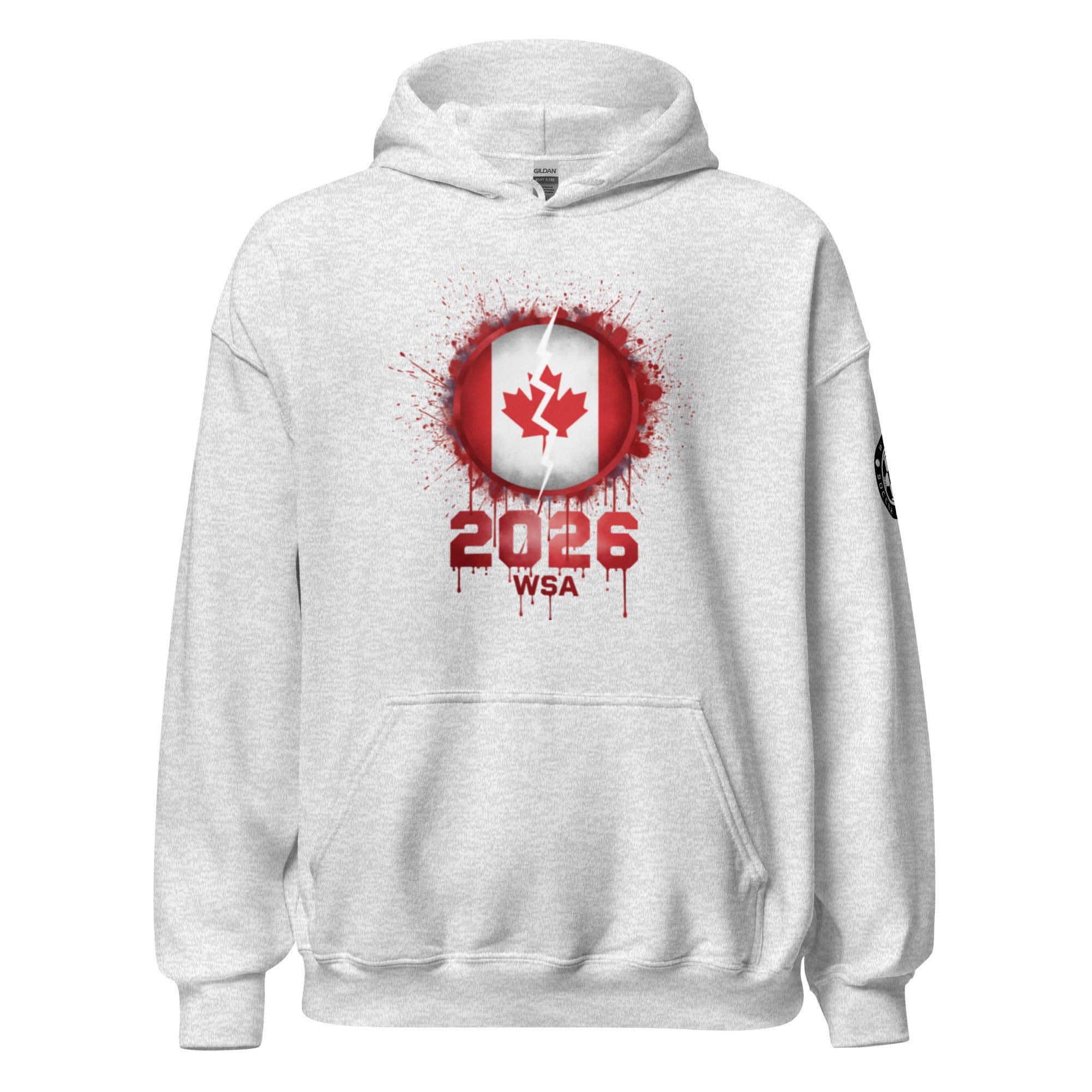 Gray hoodie with red and white design featuring a maple leaf and text on a white background
