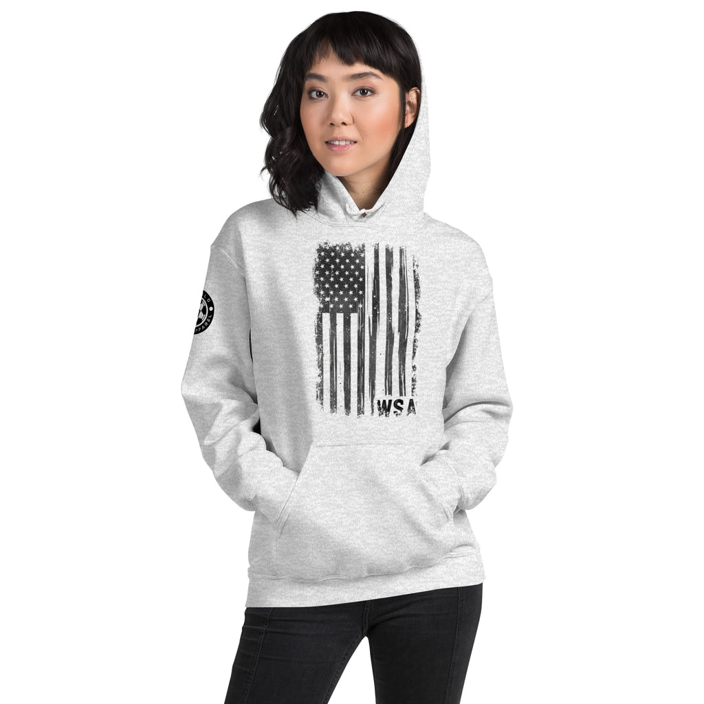 Person wearing a gray hoodie with an American flag design on a white background