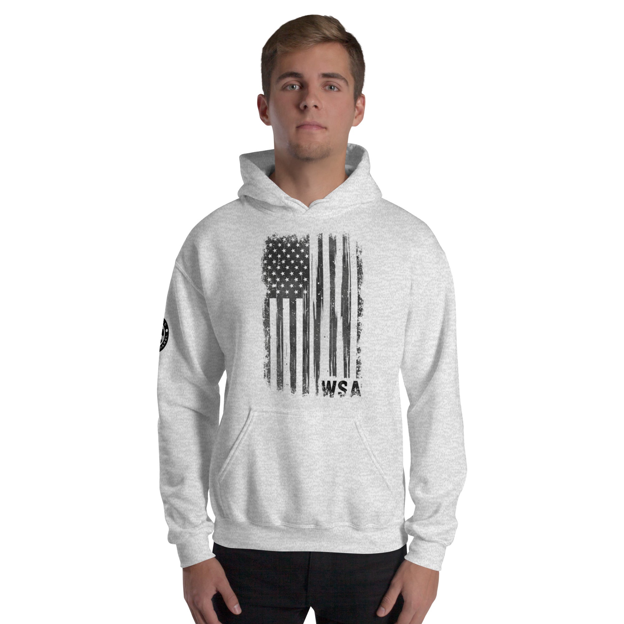 Person wearing a gray hoodie with an American flag design on a white background