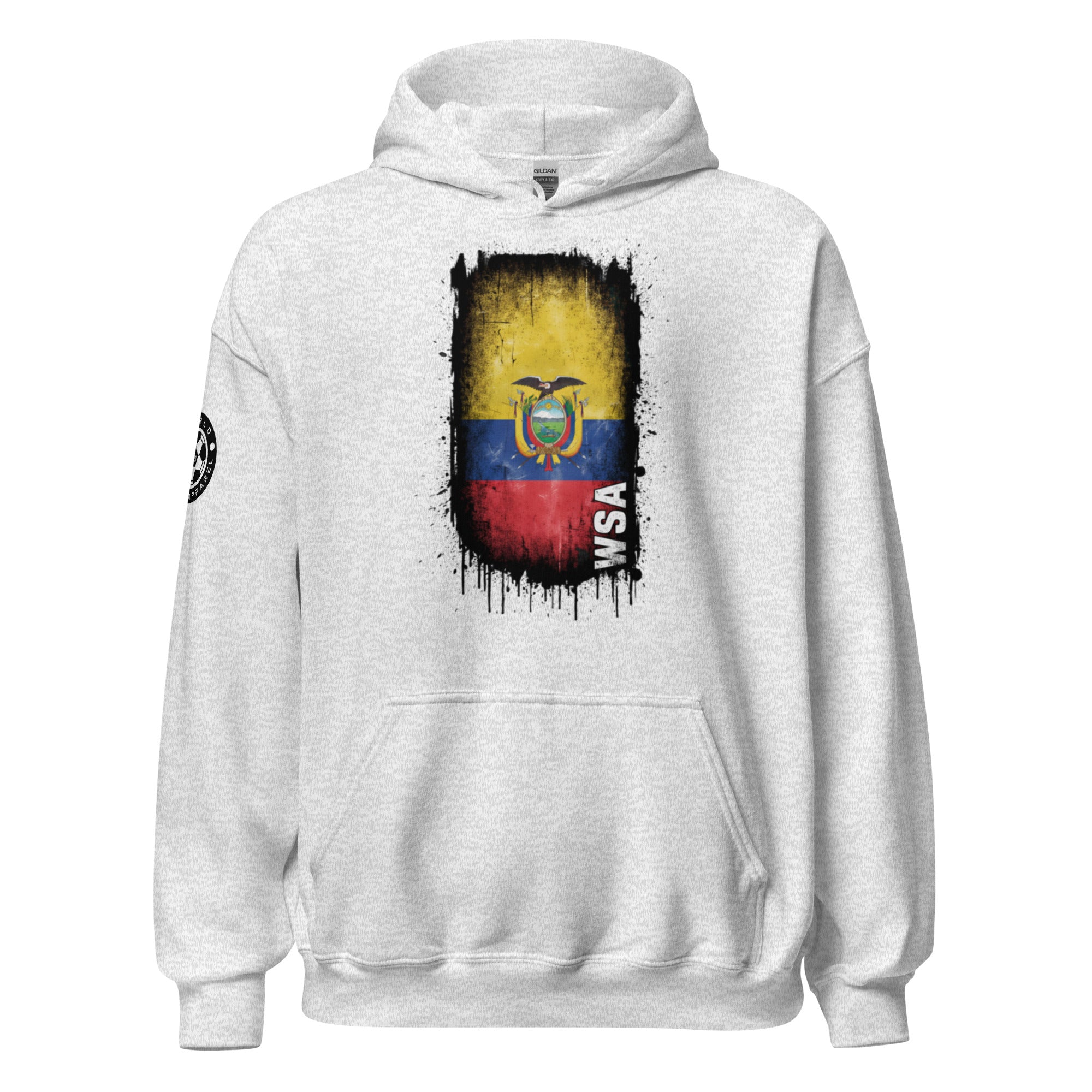 White hoodie with a colorful graphic design on the chest against a white background