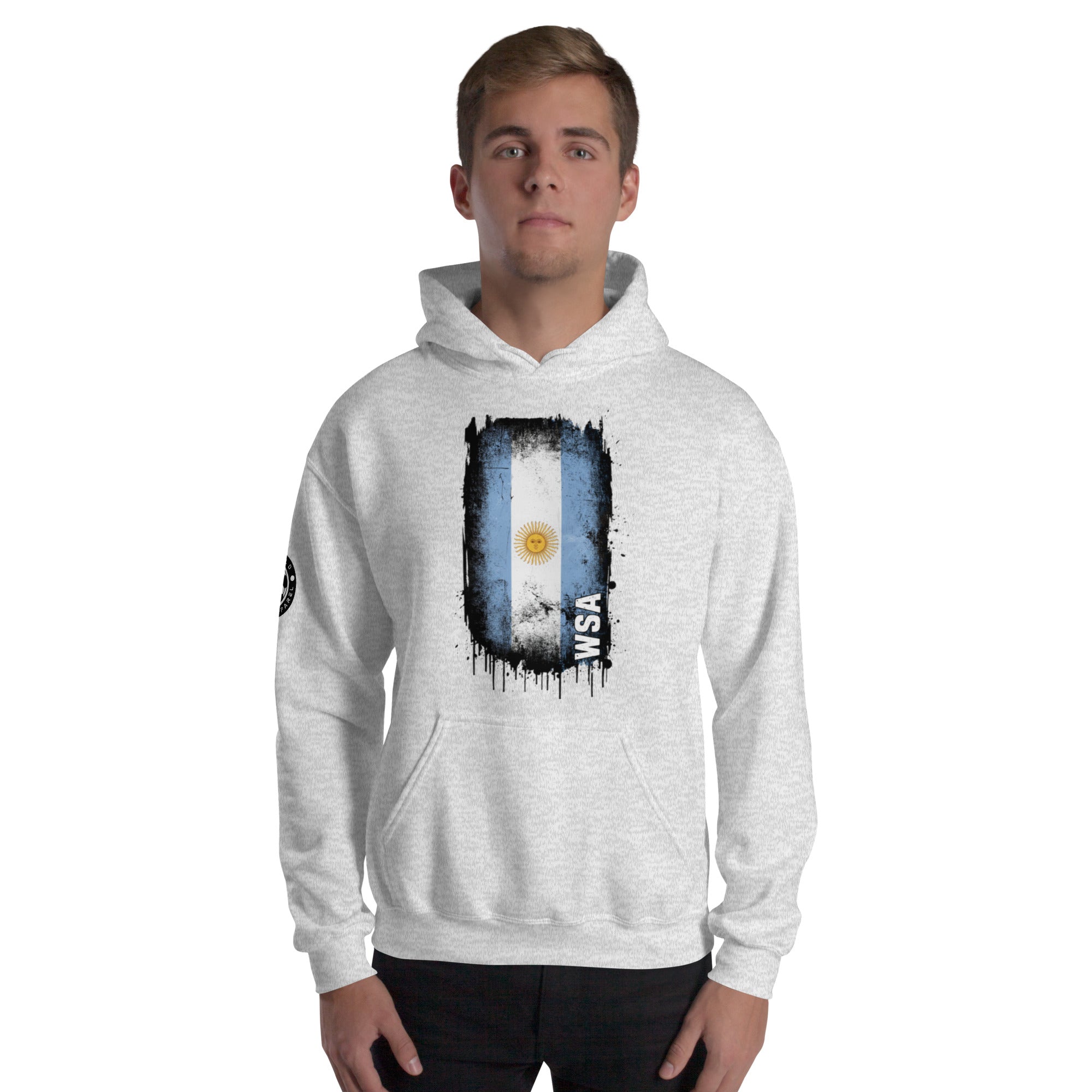 Person wearing a hoodie with a flag design and 'WSA' text on a white background