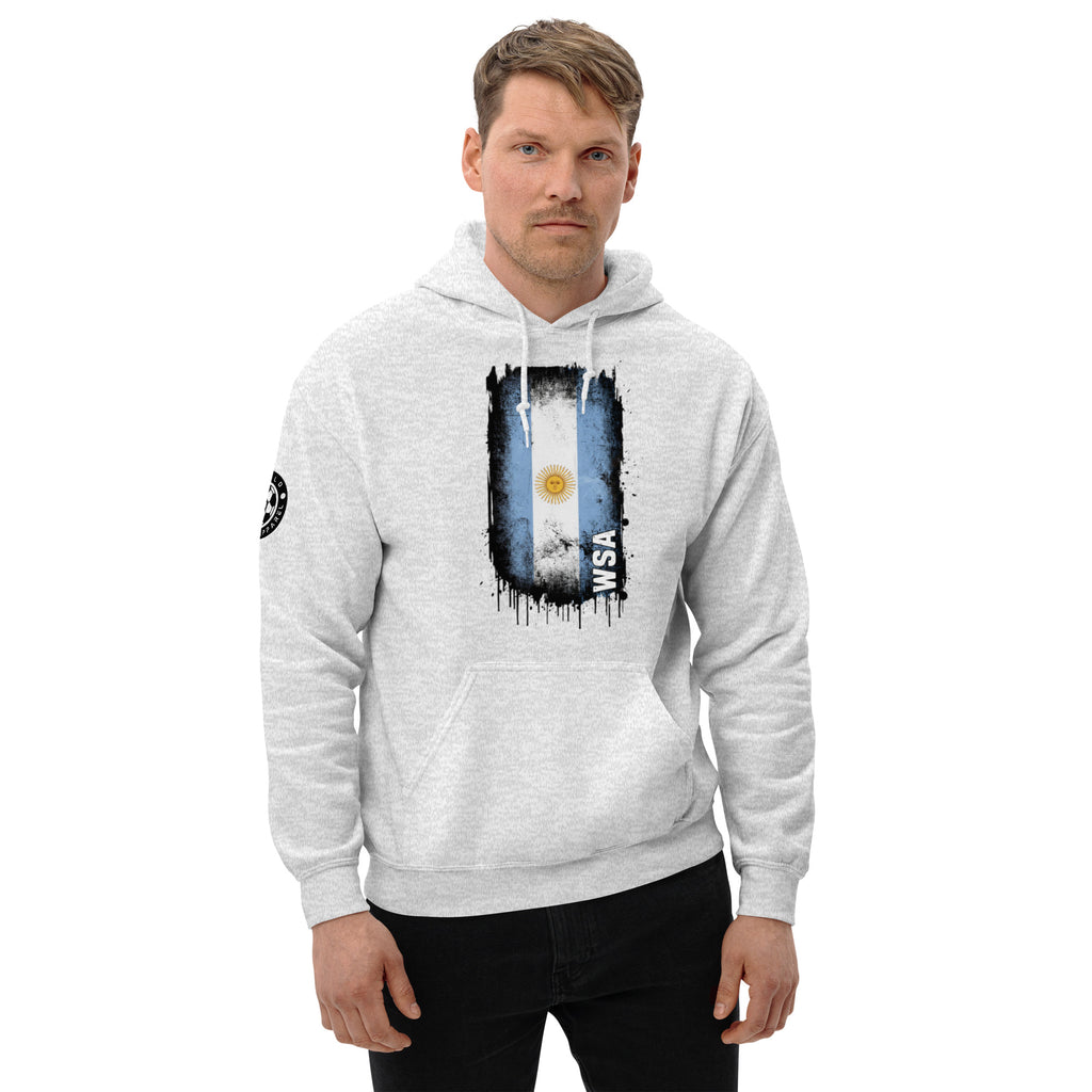 Man wearing a gray hoodie with a graphic design on a white background