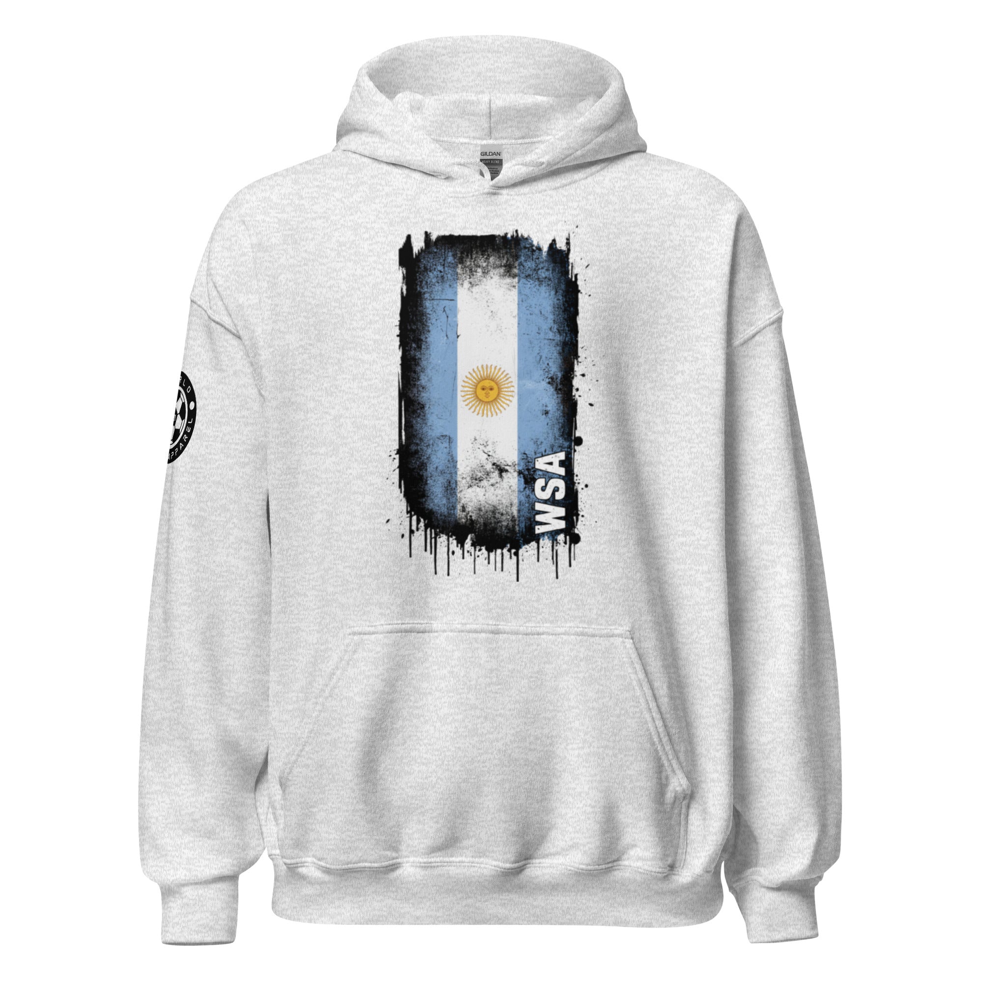White hoodie with an Argentina flag design on a white background