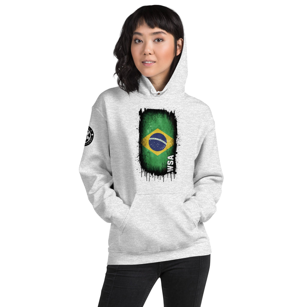 Person wearing a white hoodie with a Brazilian flag design on a white background