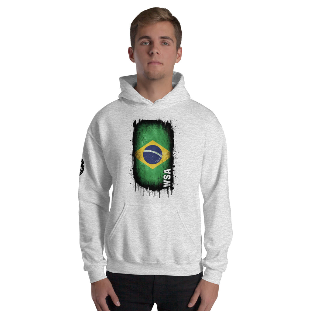 Person wearing a white hoodie with a Brazilian flag design on a white background