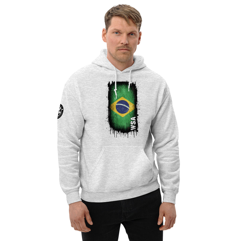 Man wearing a gray hoodie with a Brazilian flag design on a white background