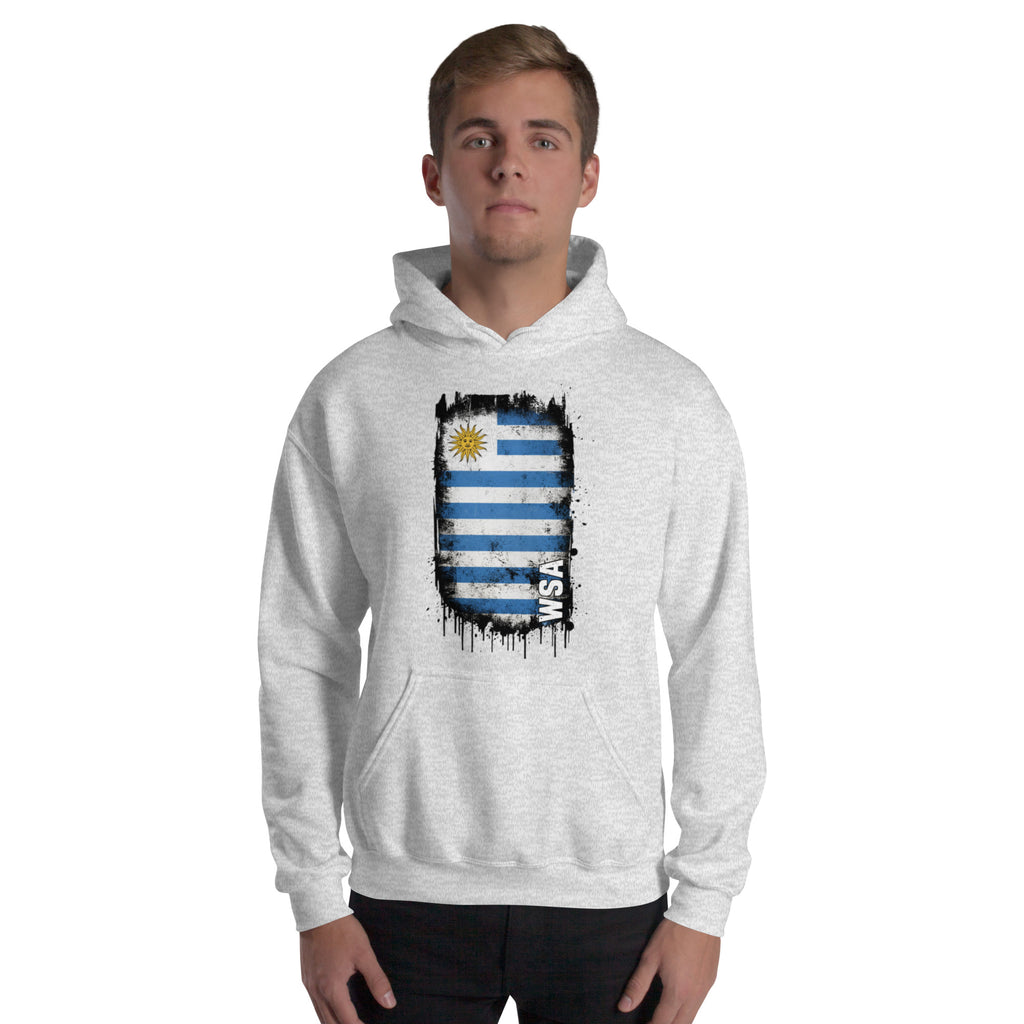 Person wearing a gray hoodie with a flag design on a white background