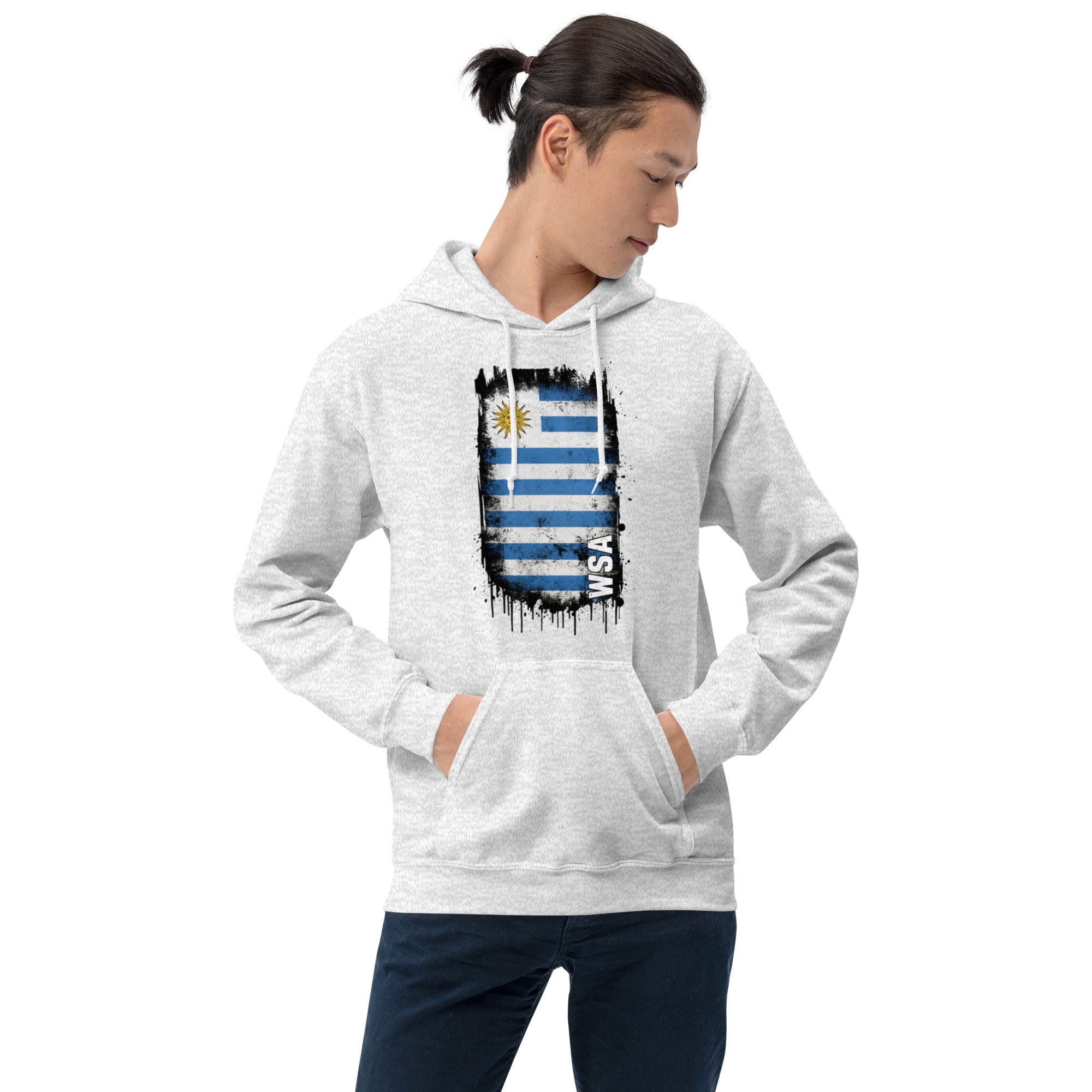 Person wearing a gray hoodie with a flag design on a white background