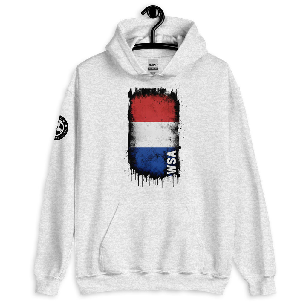 White hoodie with a flag design on a hanger against a white background