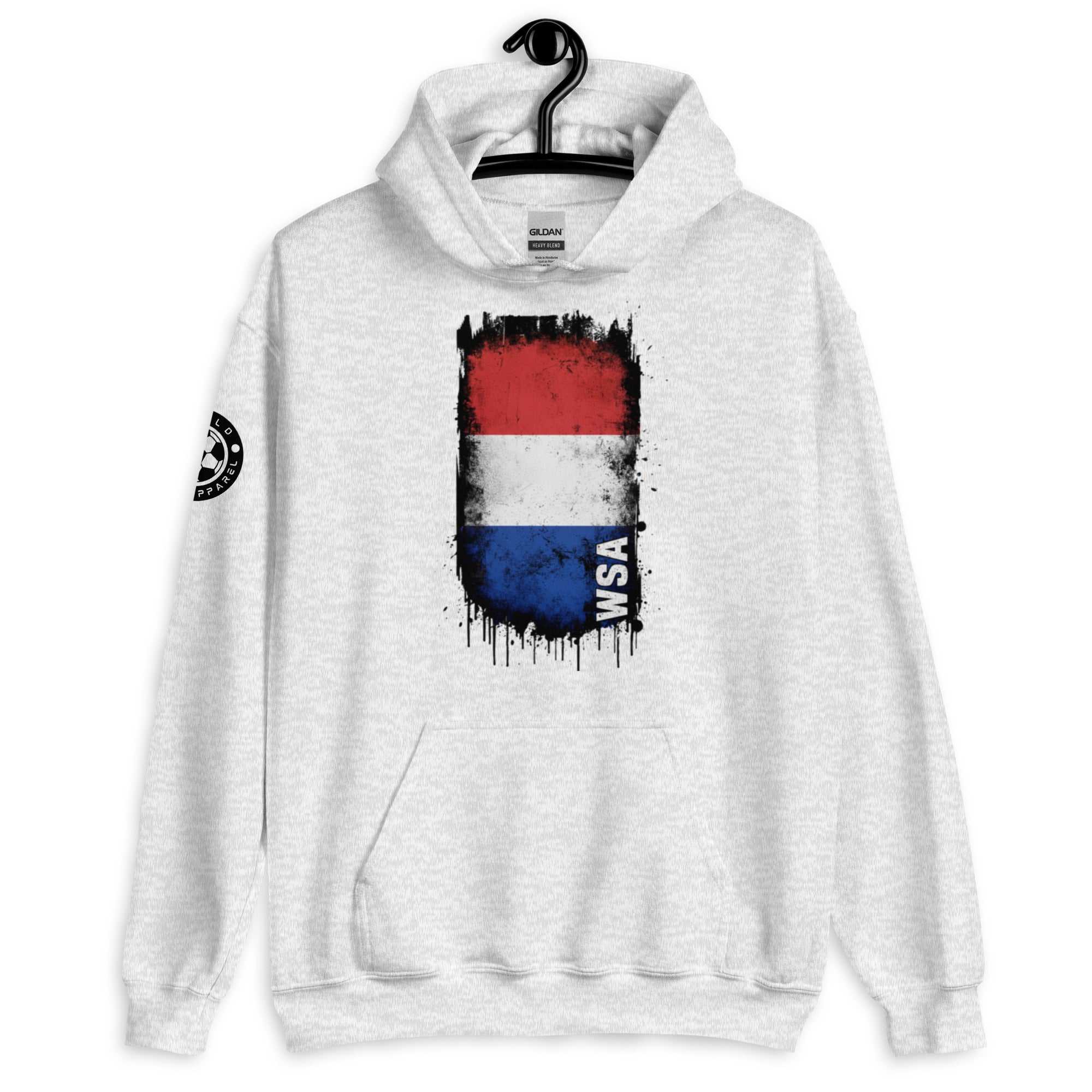 White hoodie with a flag design on a hanger against a white background